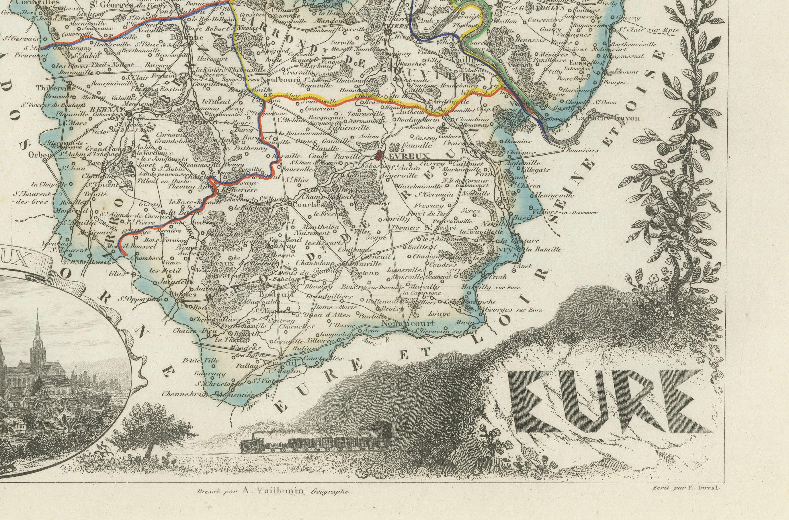 French Map of Eure France with Evreux, Poussin and Normandy Countryside, 19th Century For Sale