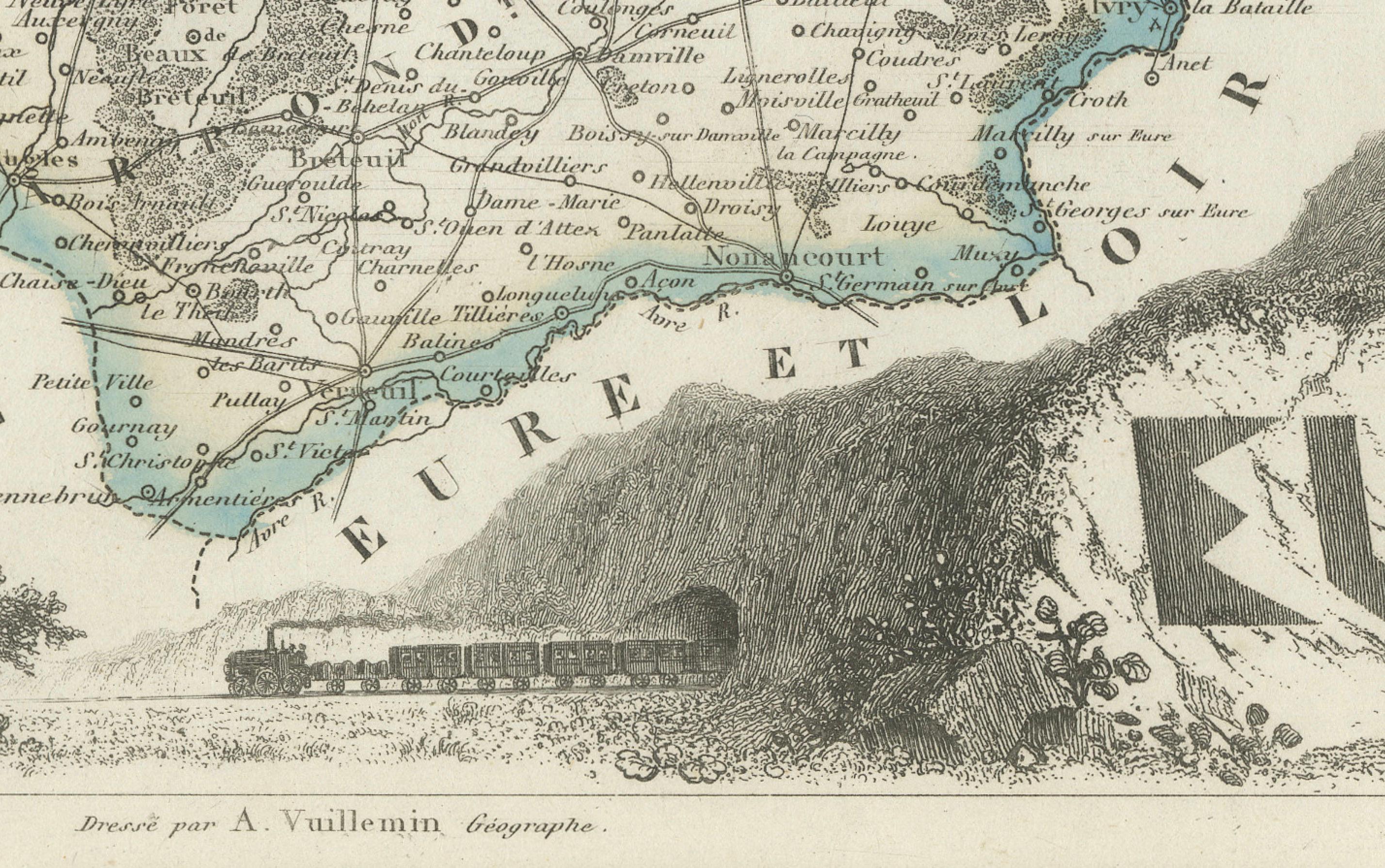 Engraved Map of Eure France with Evreux, Poussin and Normandy Countryside, 19th Century For Sale