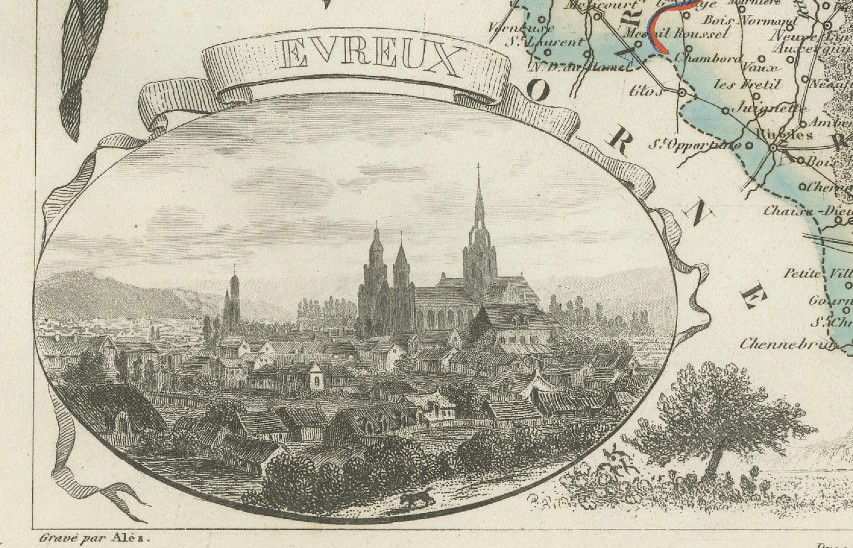 Map of Eure France with Evreux, Poussin and Normandy Countryside, 19th Century In Good Condition For Sale In Langweer, NL
