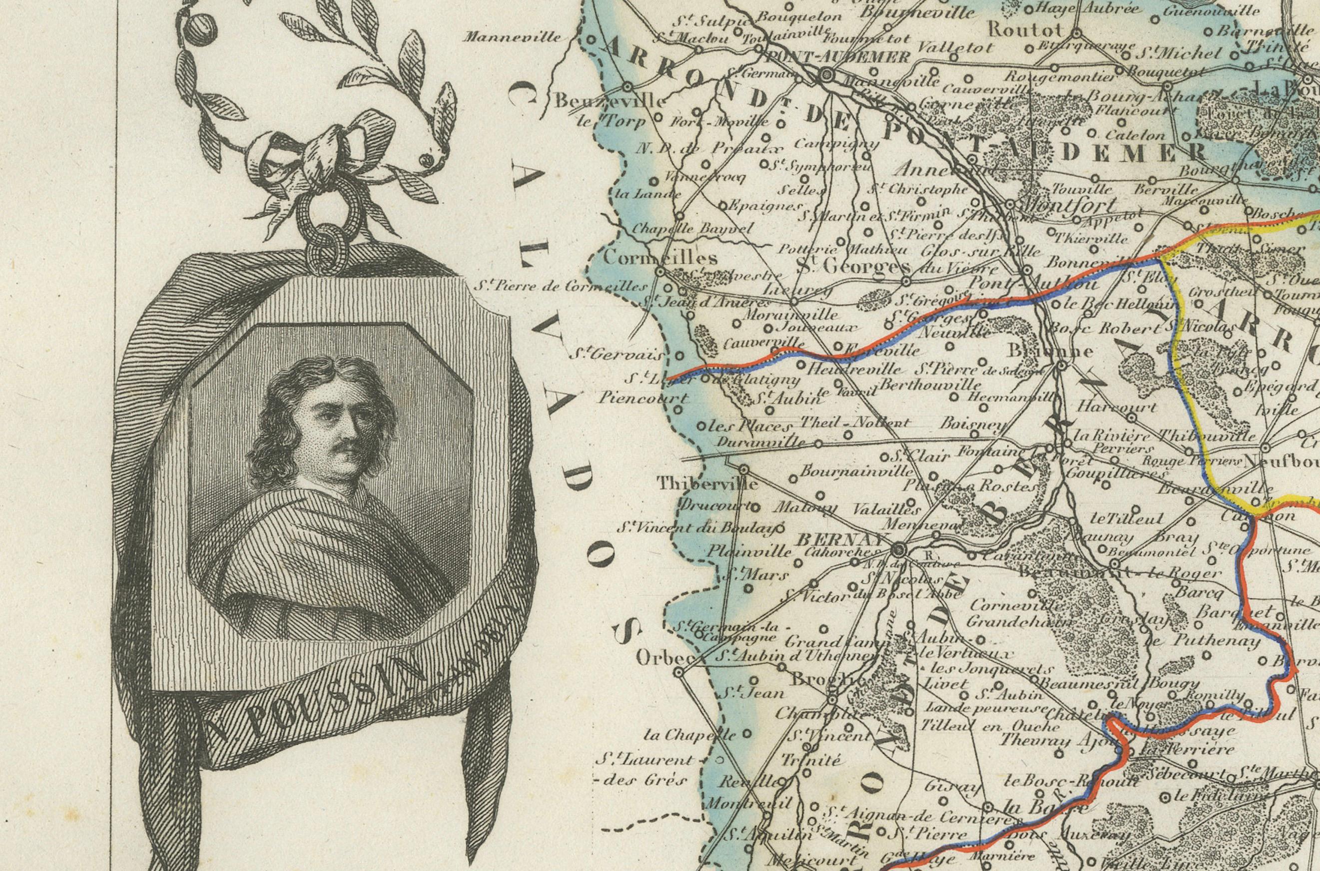 Paper Map of Eure France with Evreux, Poussin and Normandy Countryside, 19th Century For Sale