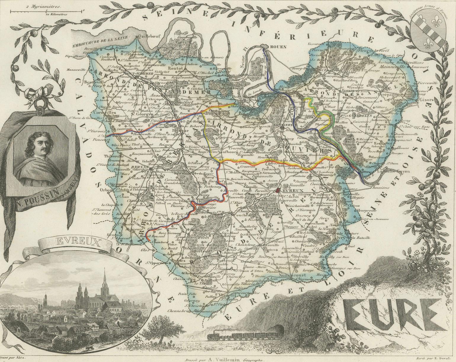 Map of Eure France with Evreux, Poussin and Normandy Countryside, 19th Century For Sale 2
