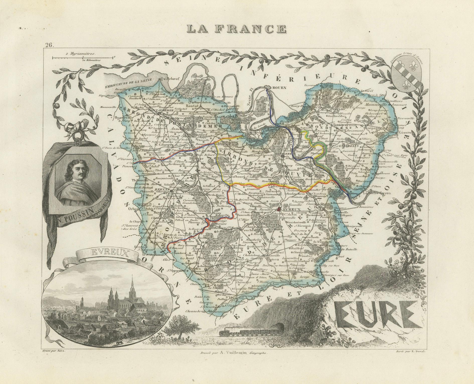Map of Eure France with Evreux, Poussin and Normandy Countryside, 19th Century For Sale 3