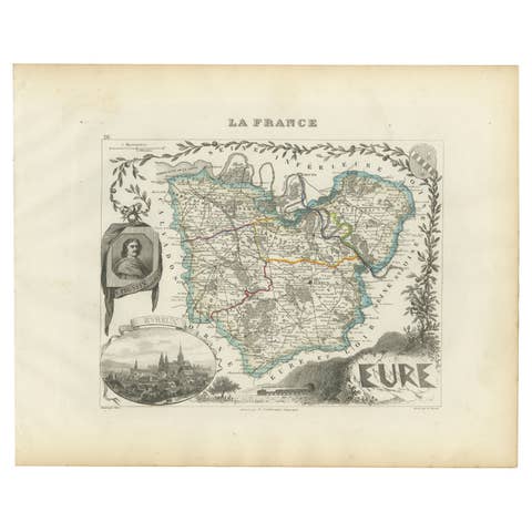 Map of Eure France with Evreux, Poussin and Normandy Countryside, 19th Century