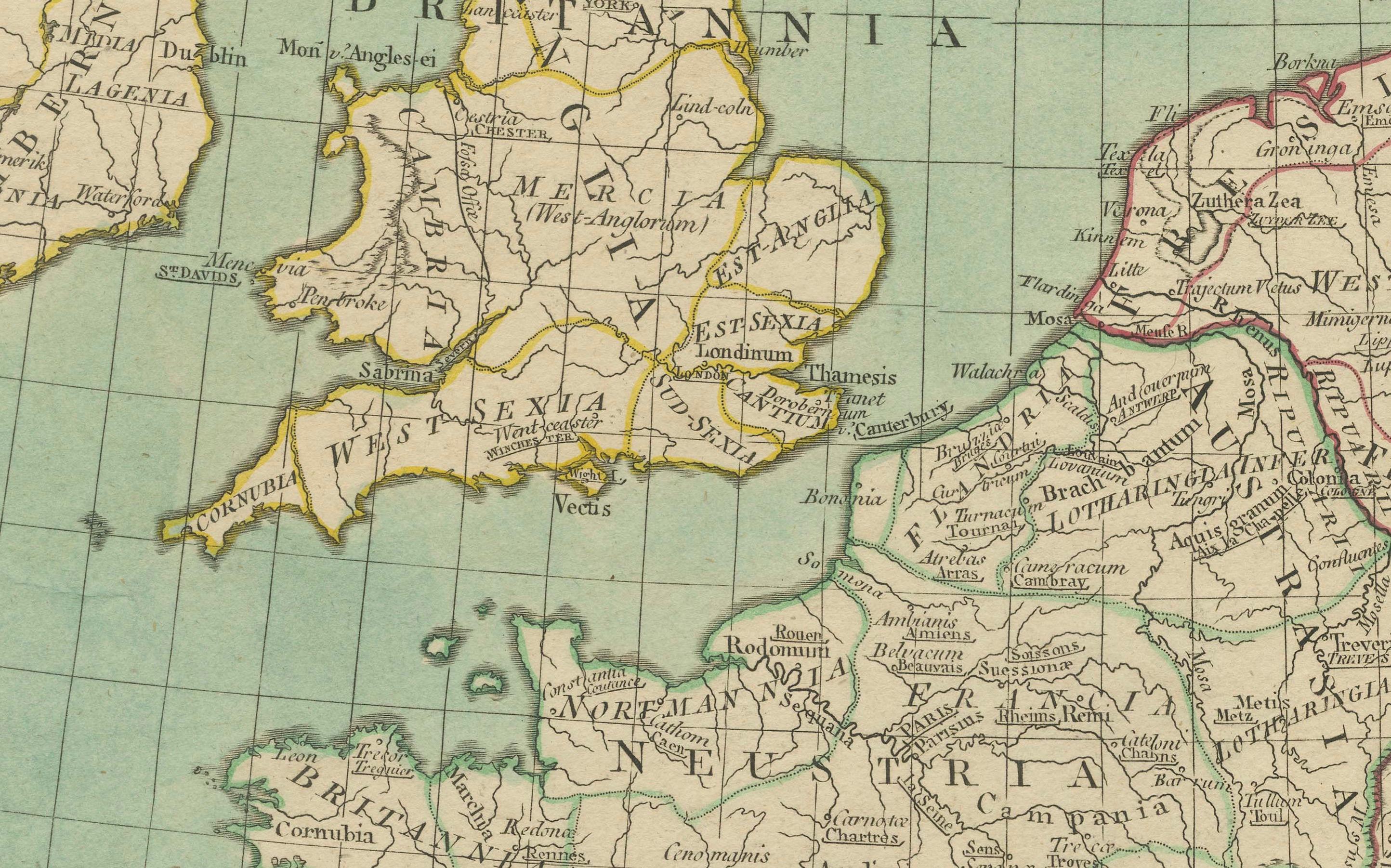 Karte von Europa mit Highlight der alten und modernen geografischen Einteilungen (1794) im Zustand „Gut“ im Angebot in Langweer, NL