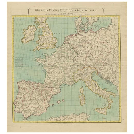 Map of Europe Highlighting Ancient and Modern Geographical Divisions (1794)