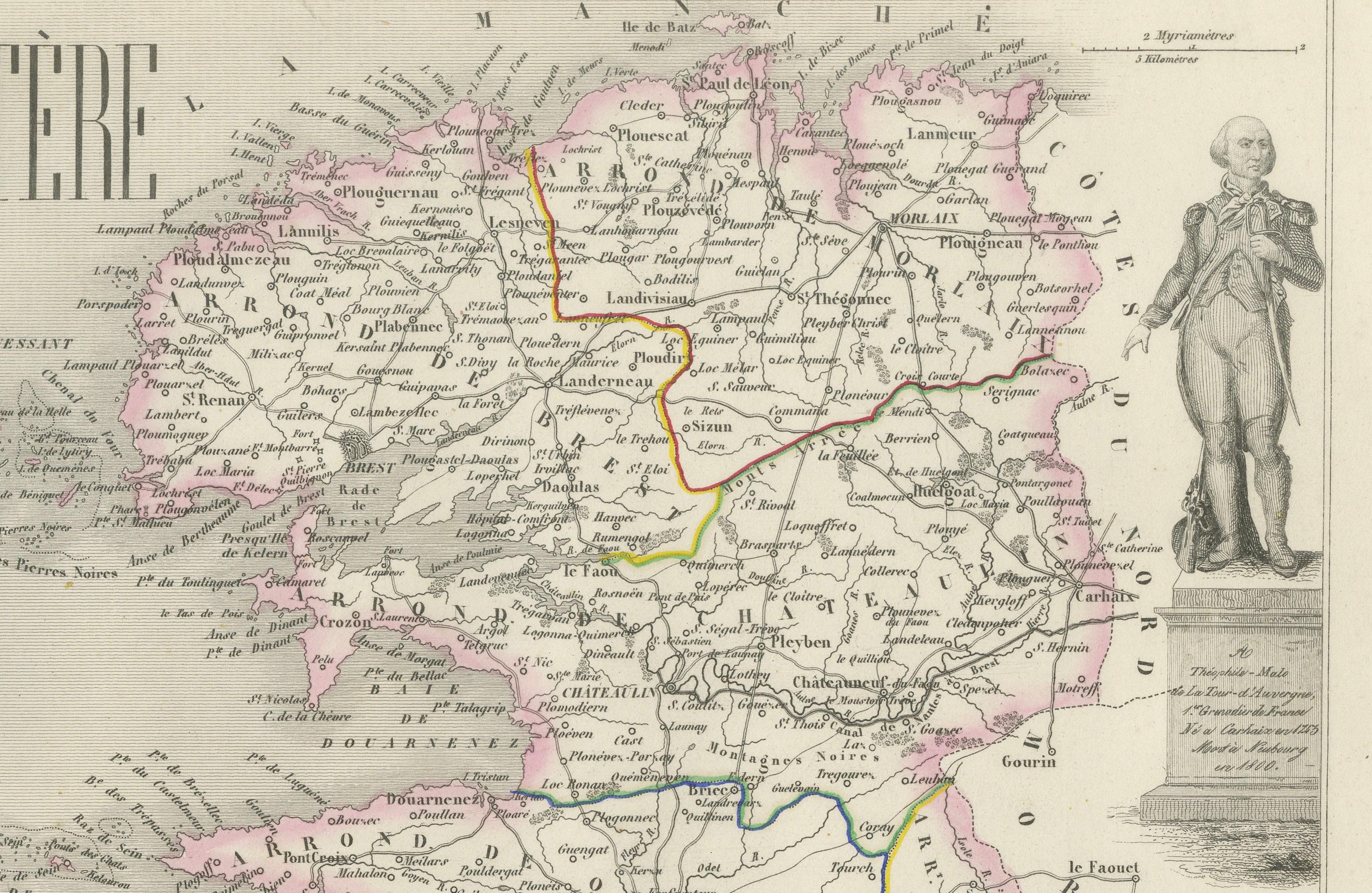 French Map of Finistère France with Brest, Quimper and Brittany Coastline, 19th Century For Sale