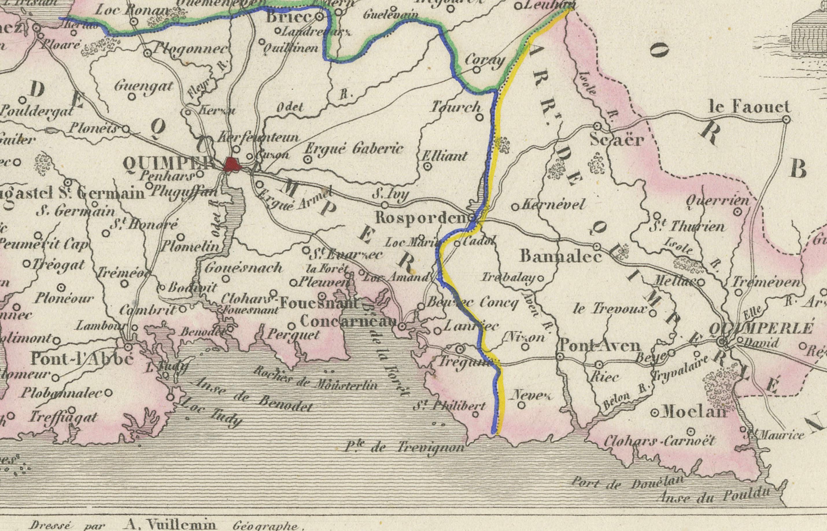 Engraved Map of Finistère France with Brest, Quimper and Brittany Coastline, 19th Century For Sale