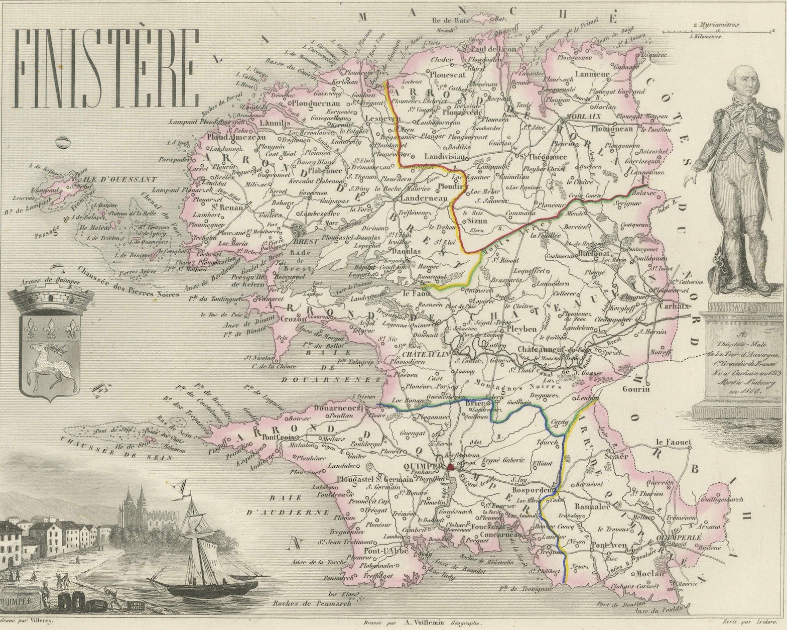 Paper Map of Finistère France with Brest, Quimper and Brittany Coastline, 19th Century For Sale