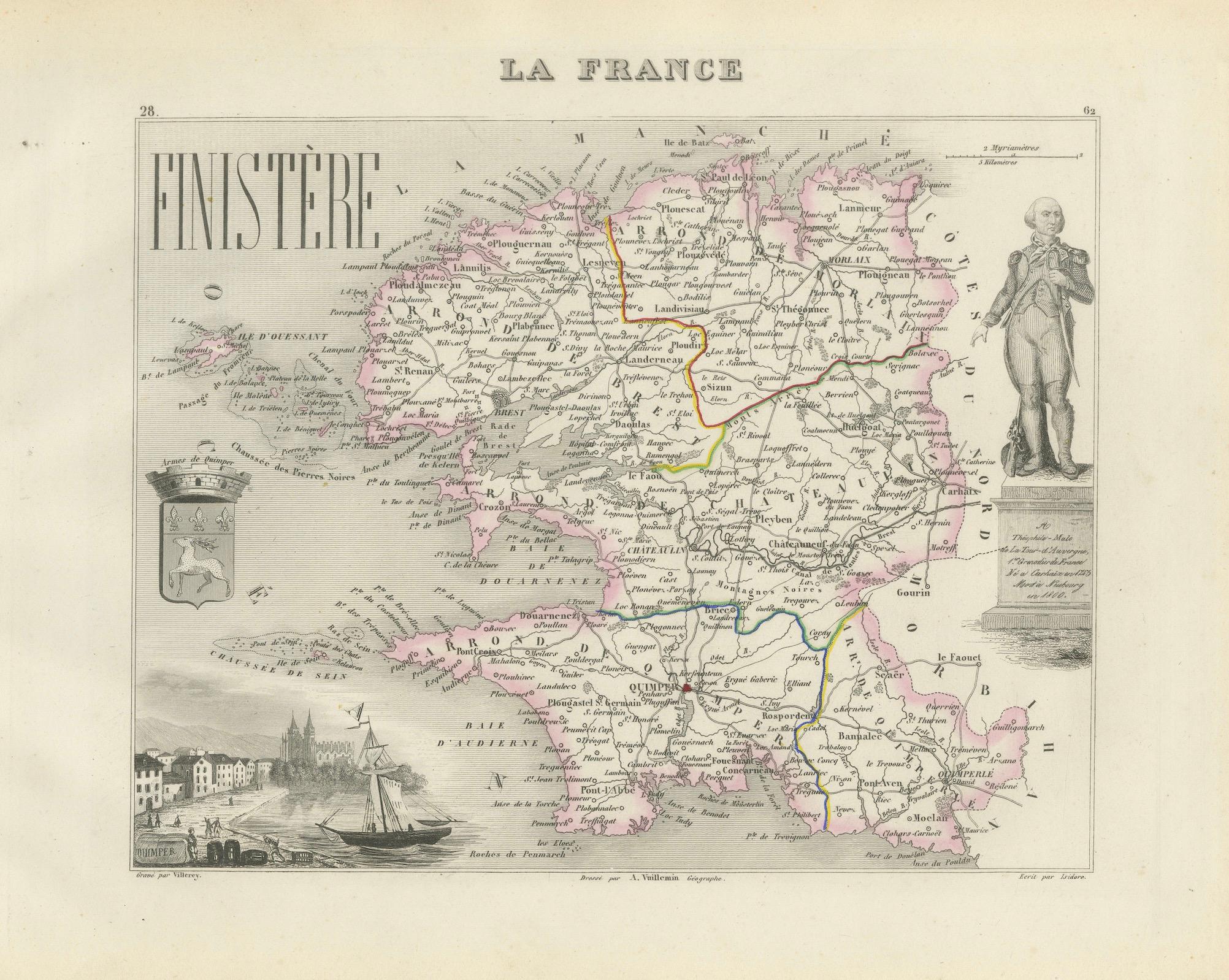 Map of Finistère France with Brest, Quimper and Brittany Coastline, 19th Century For Sale 1