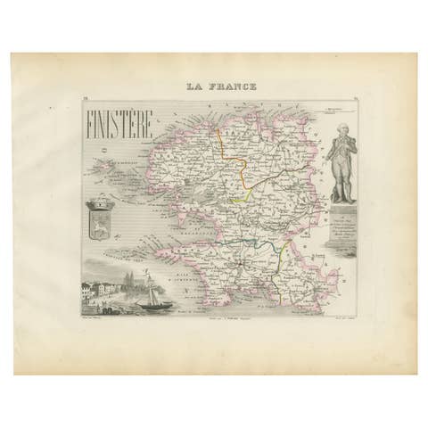 Map of Finistère France with Brest, Quimper and Brittany Coastline, 19th Century