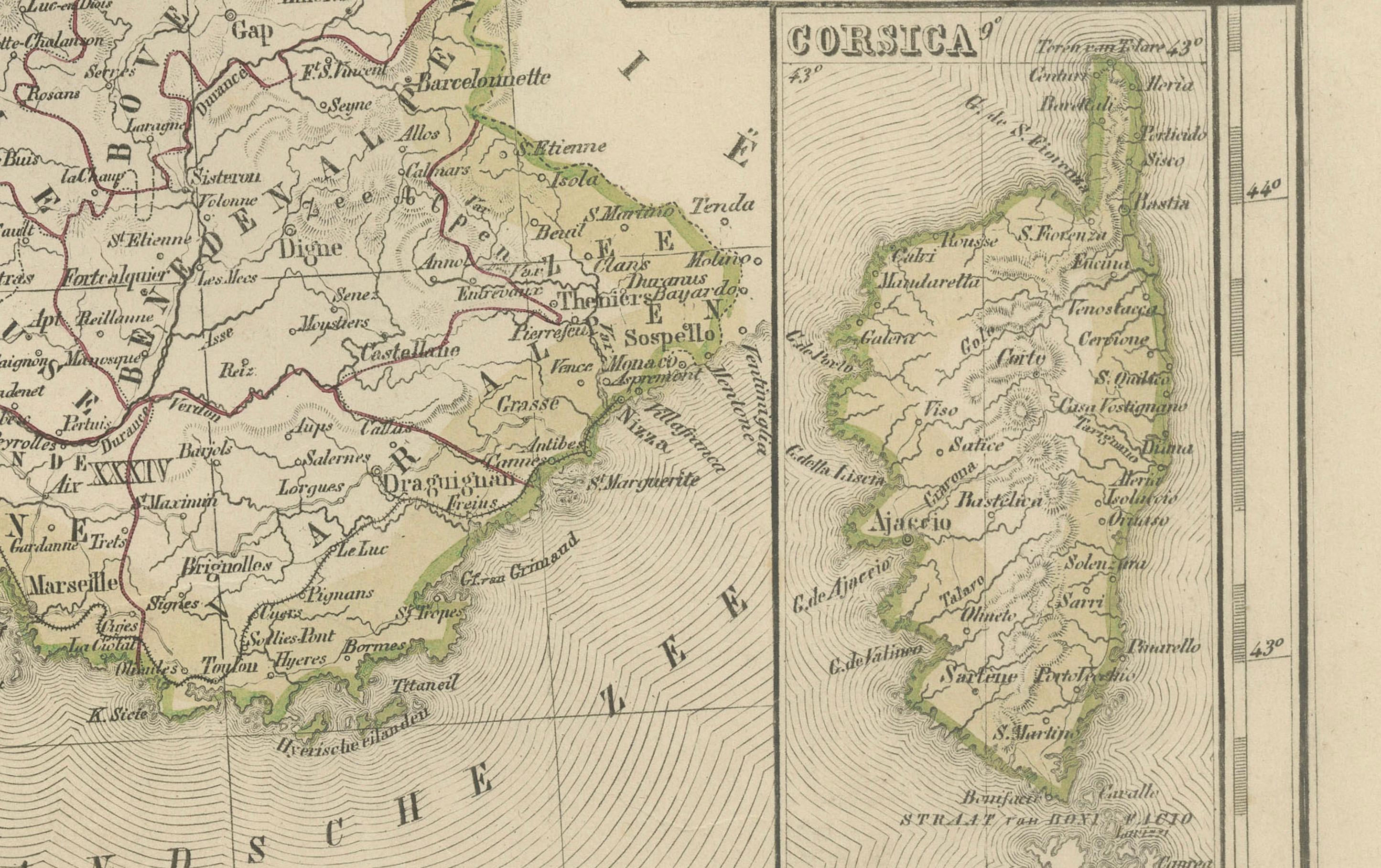 Mappa della Francia con inserto Corsica e Parigi - Nieuwe Hand-Atlas, 1876 in vendita 4