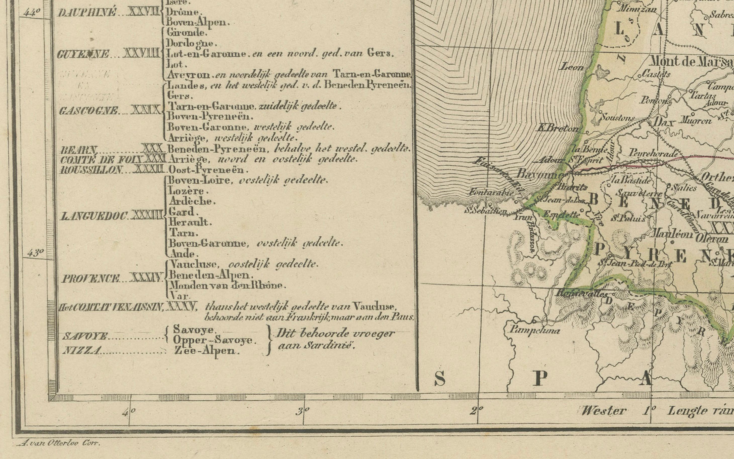 Carta Mappa della Francia con inserto Corsica e Parigi - Nieuwe Hand-Atlas, 1876 in vendita