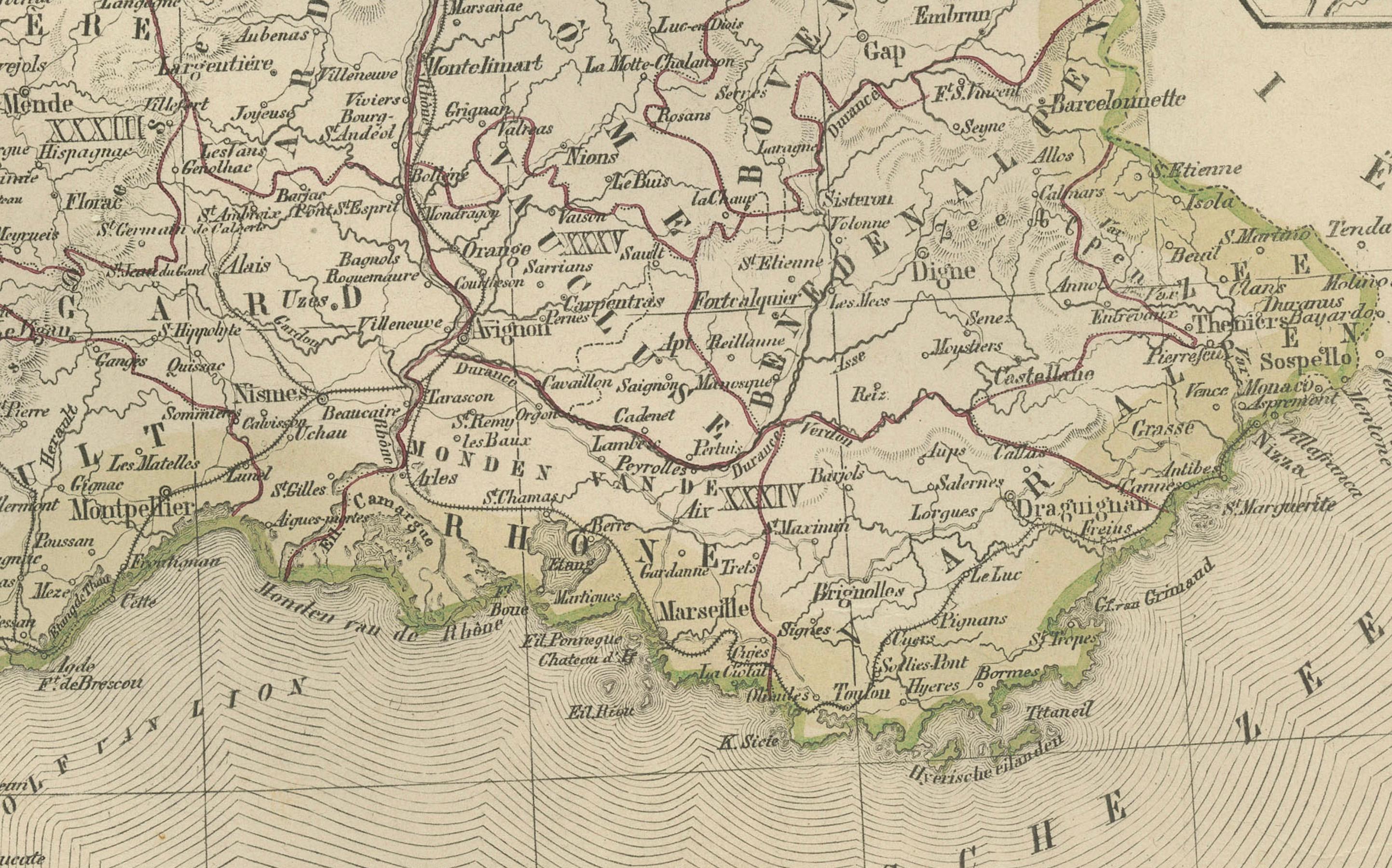 Mappa della Francia con inserto Corsica e Parigi - Nieuwe Hand-Atlas, 1876 in vendita 2