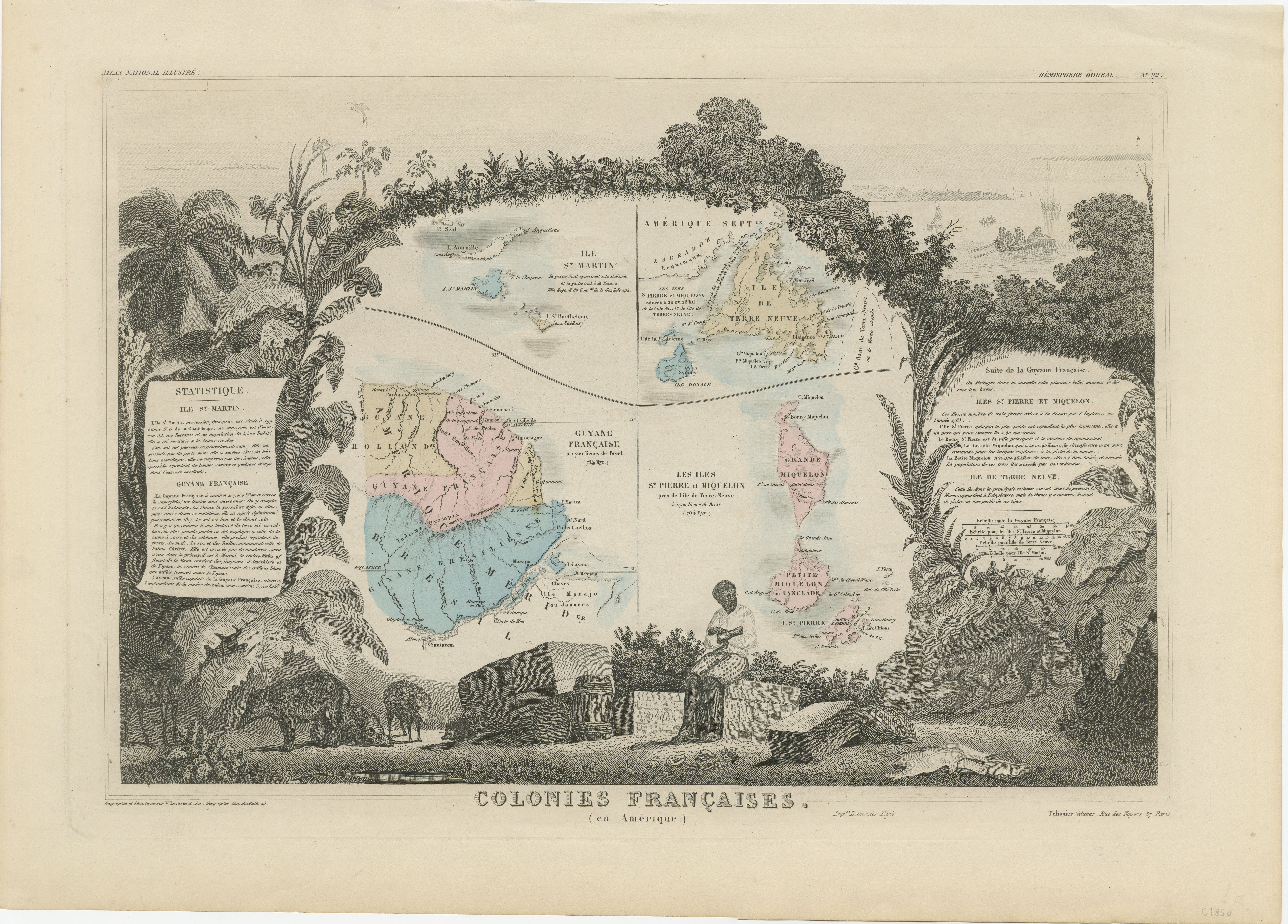 Il s'agit d'une carte très détaillée de 1852 intitulée *Colonies Françaises en Amérique*, décrivant plusieurs colonies françaises importantes dans les Amériques. 

La carte se concentre sur des régions telles que la Guyane française, Saint-Martin et