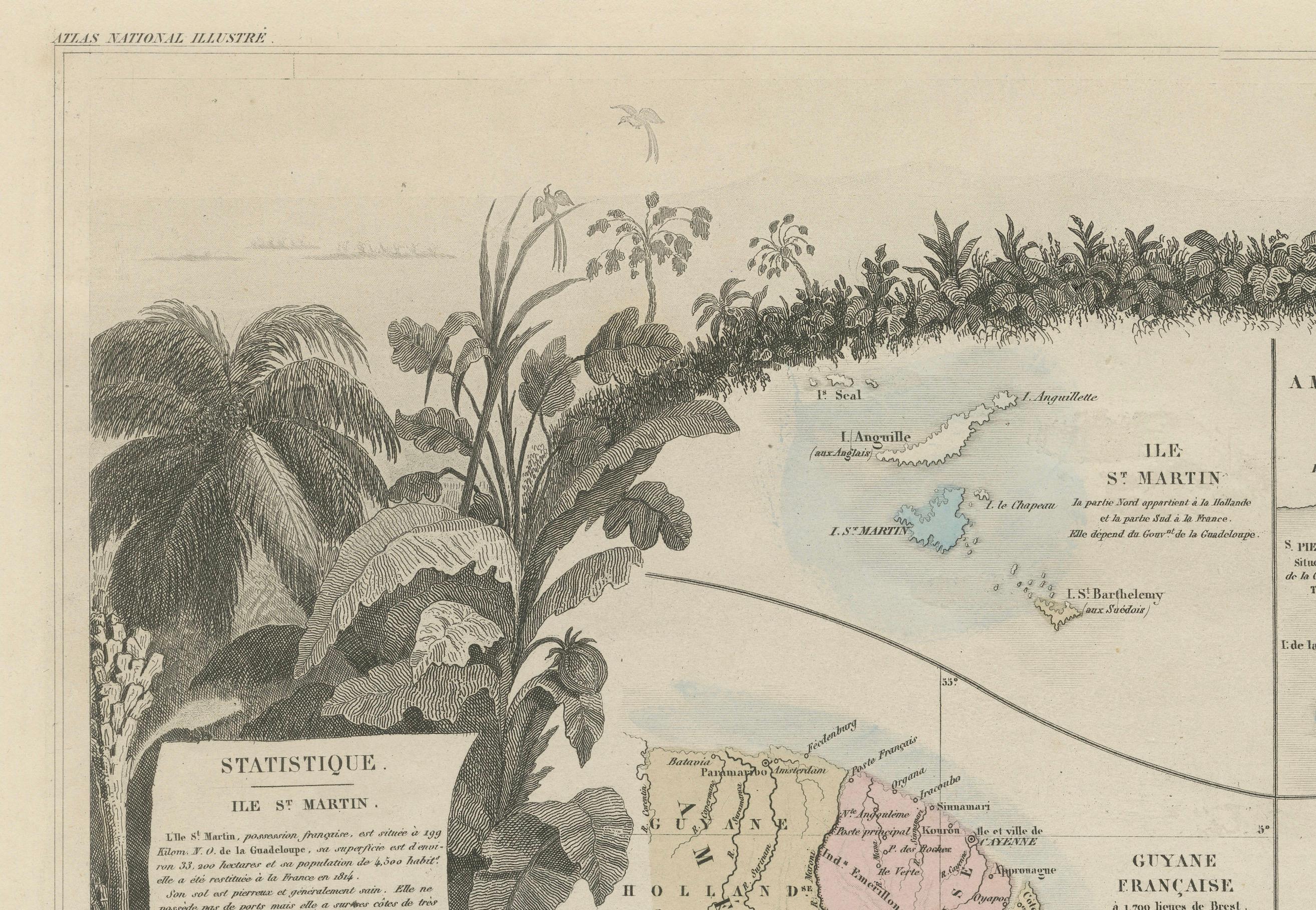 Carte des colonies françaises dans les Amériques : St. Martin, Guiana française et St. Pierre Bon état - En vente à Langweer, NL