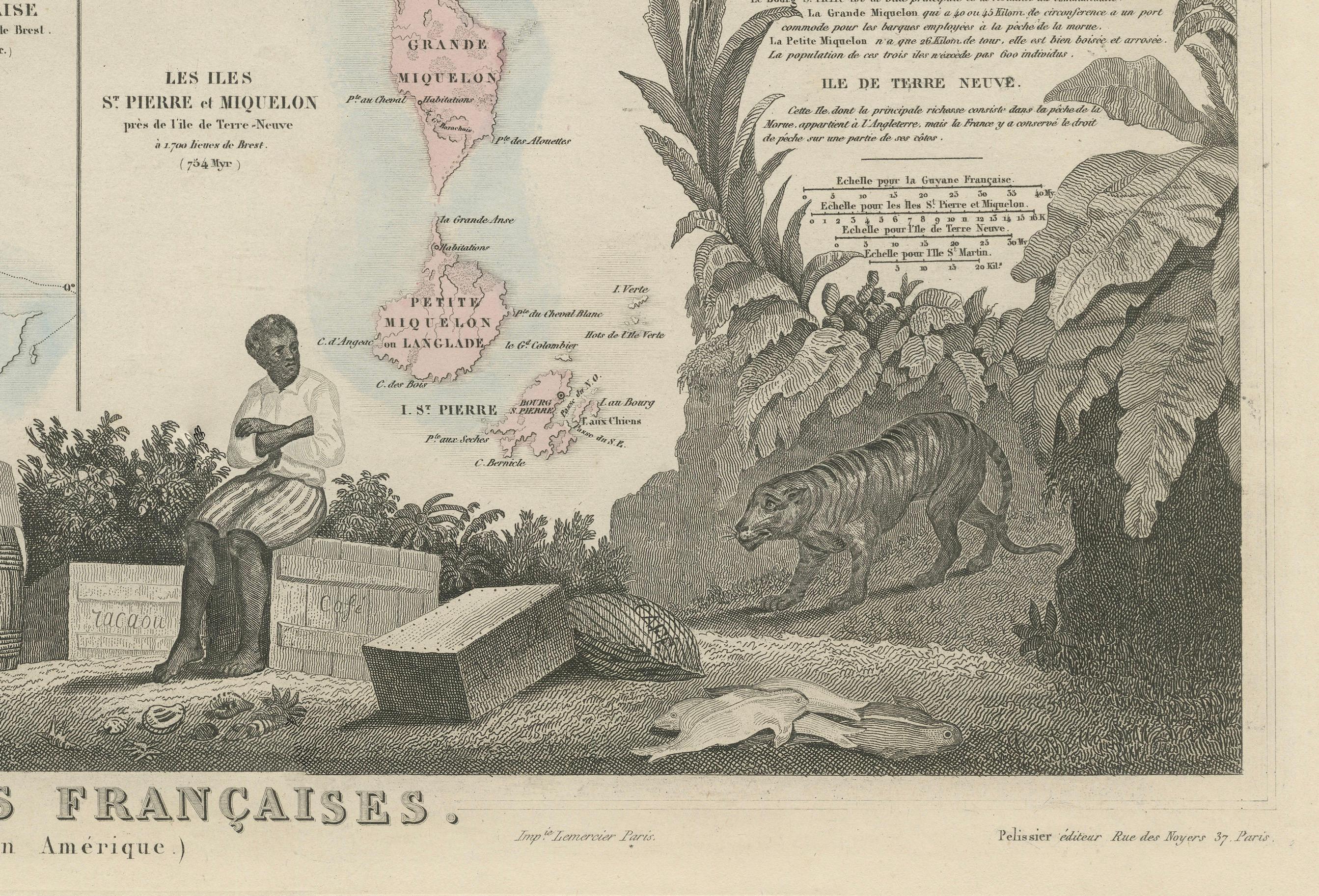 Papier Carte des colonies françaises dans les Amériques : St. Martin, Guiana française et St. Pierre en vente