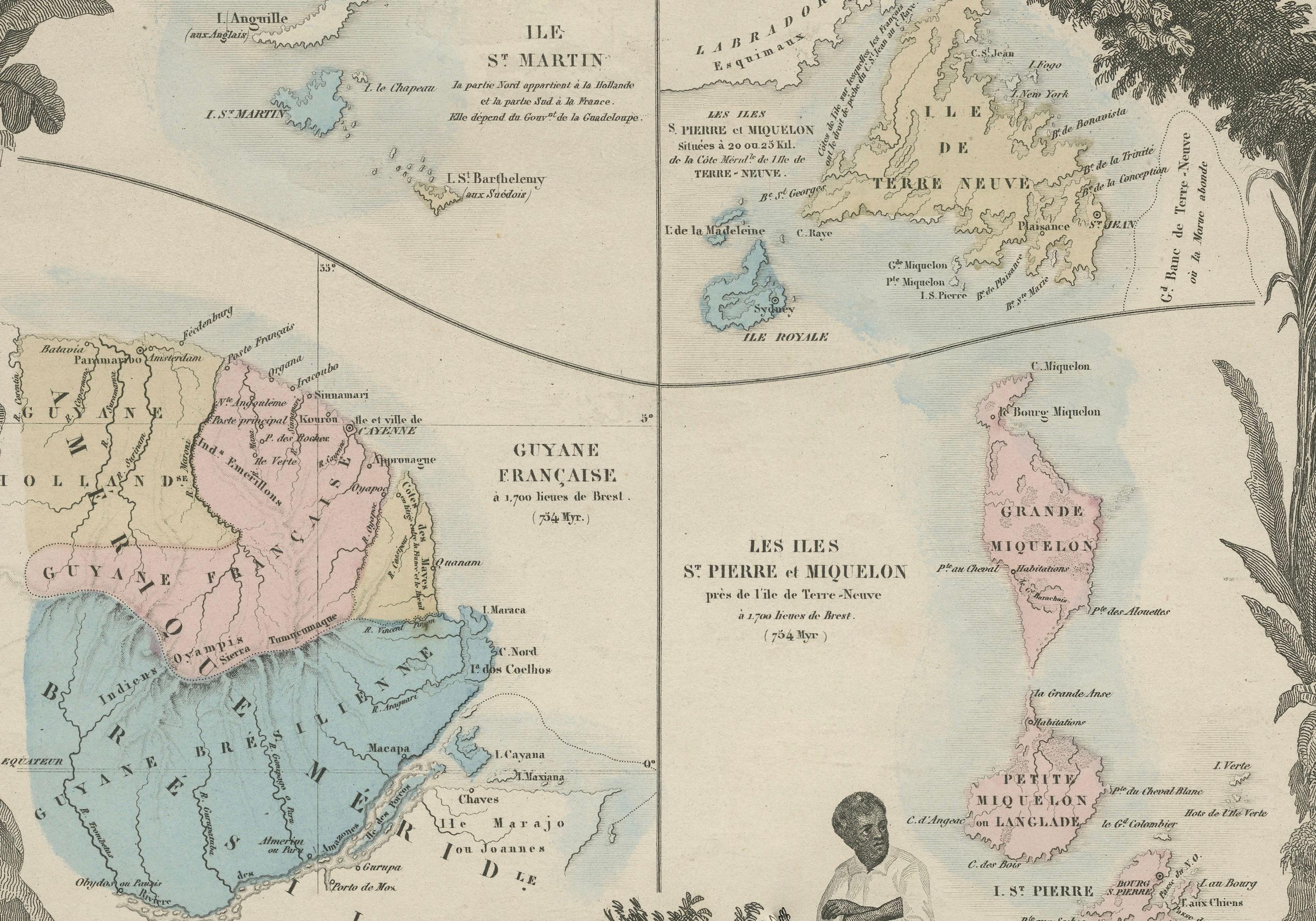 Carte des colonies françaises dans les Amériques : St. Martin, Guiana française et St. Pierre en vente 1