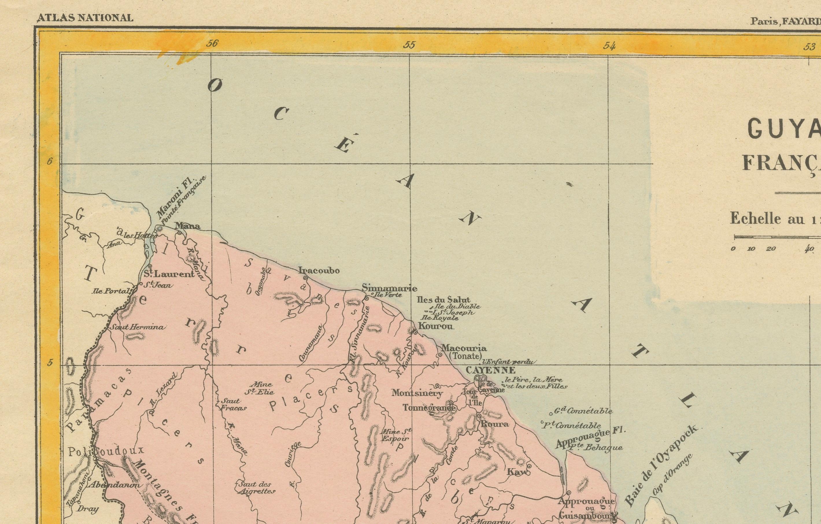 Map of French Guiana: 19th Century Atlas National Depiction of Guyane Française In Good Condition For Sale In Langweer, NL