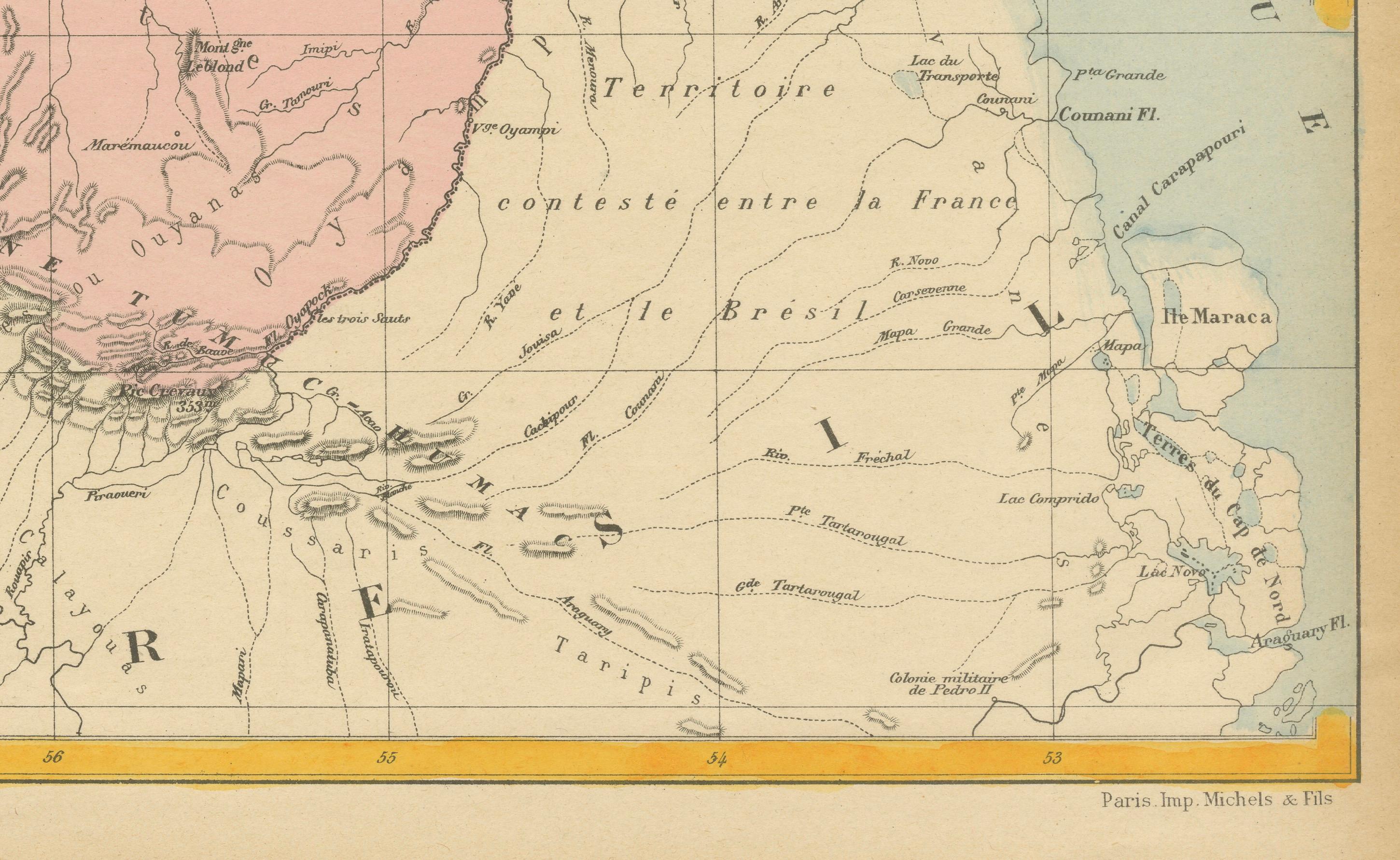 Late 19th Century Map of French Guiana: 19th Century Atlas National Depiction of Guyane Française For Sale