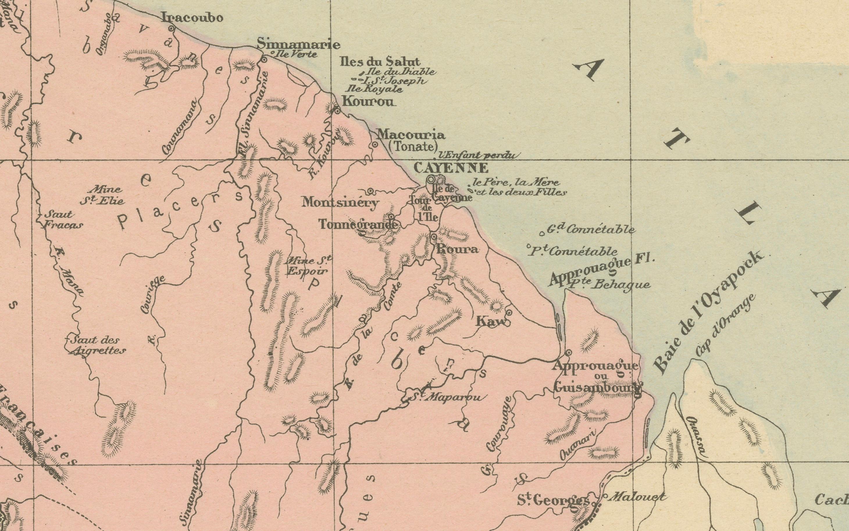 Paper Map of French Guiana: 19th Century Atlas National Depiction of Guyane Française For Sale