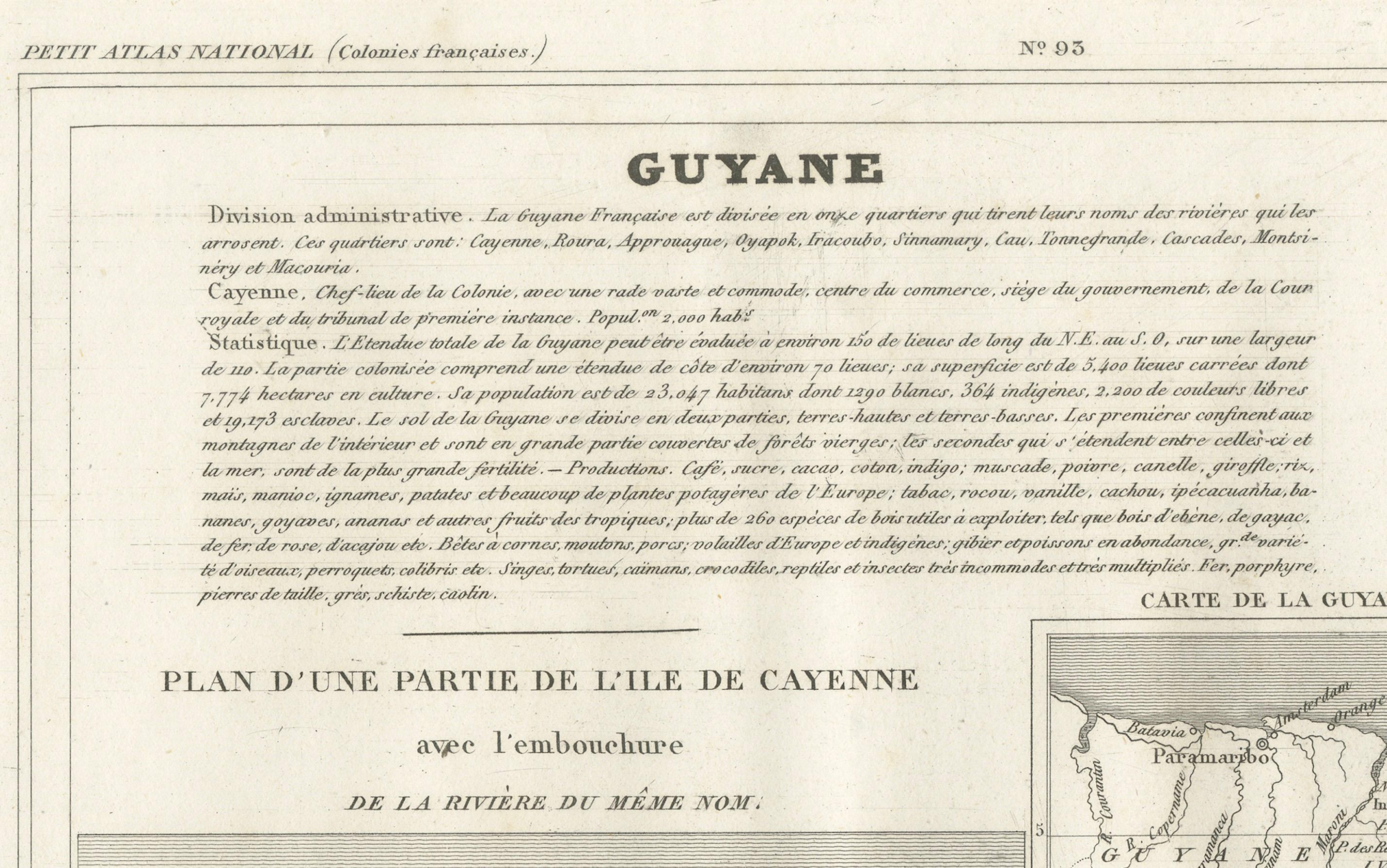 Map of French Guiana, Suriname and Cayenne : Plan from Petit Atlas National, 1820 Bon état - En vente à Langweer, NL