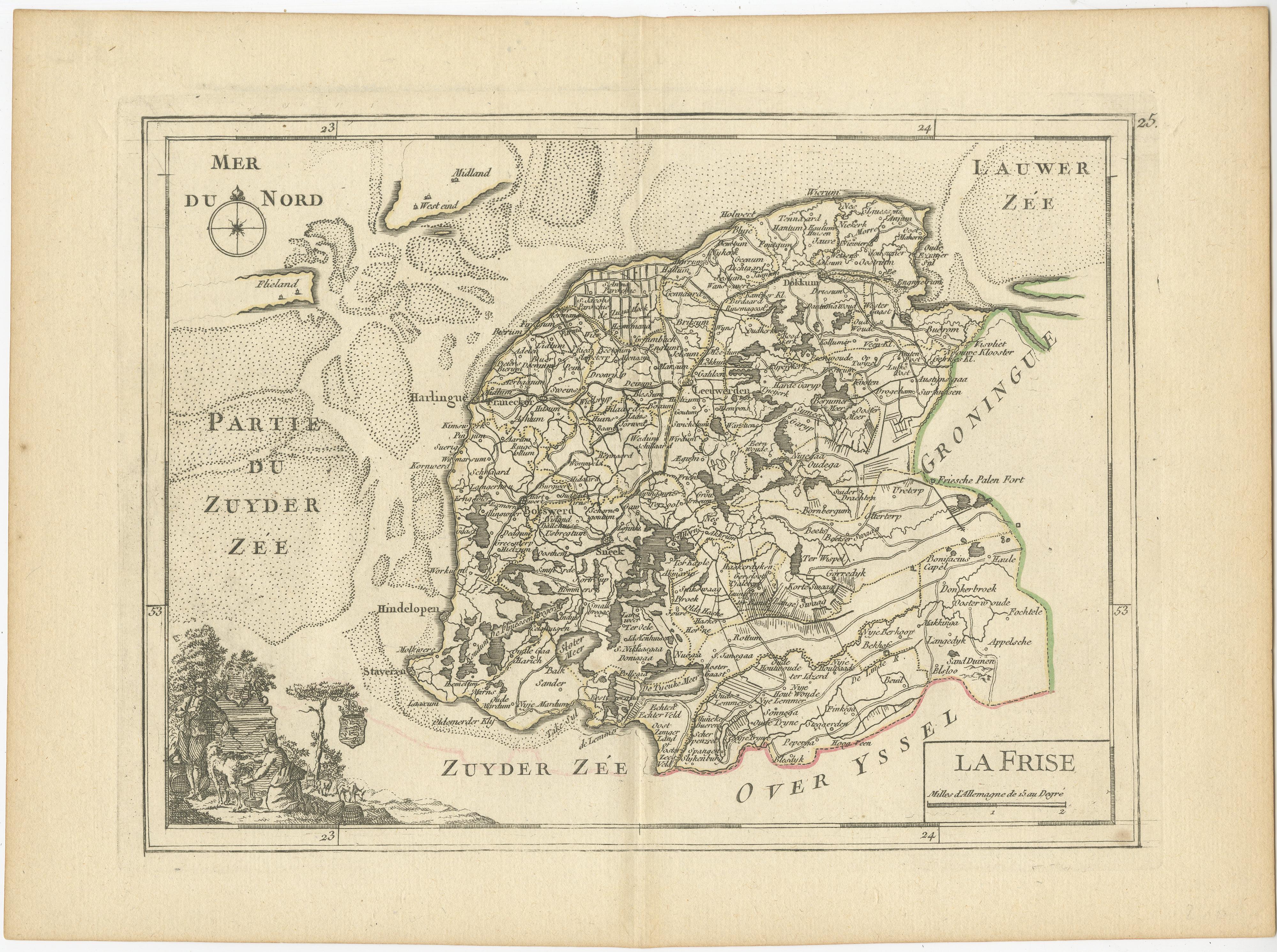 Titre : Carte de la Frise, tirée de l'Atlas Nouveau Portatif (1756)

Il s'agit d'une carte du XVIIIe siècle de la Frise, une province septentrionale des Pays-Bas, gravée par *Georges-Louis Le Rouge*, un cartographe français, architecte et ingénieur