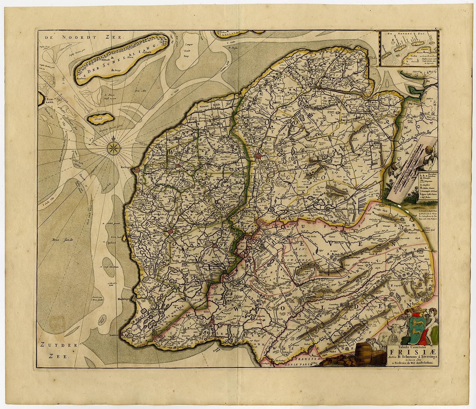 Antiker Druck, betitelt: 'Tabula Comitatus Frisiae ...' 

Karte von Friesland mit den Inseln Terschelling, Vlieland, Ameland und Schiermonnikoog. Mit einer Kartusche und einer Kompassrose. Herausgegeben von H. Hondius nach Adrian Metius und Gerard