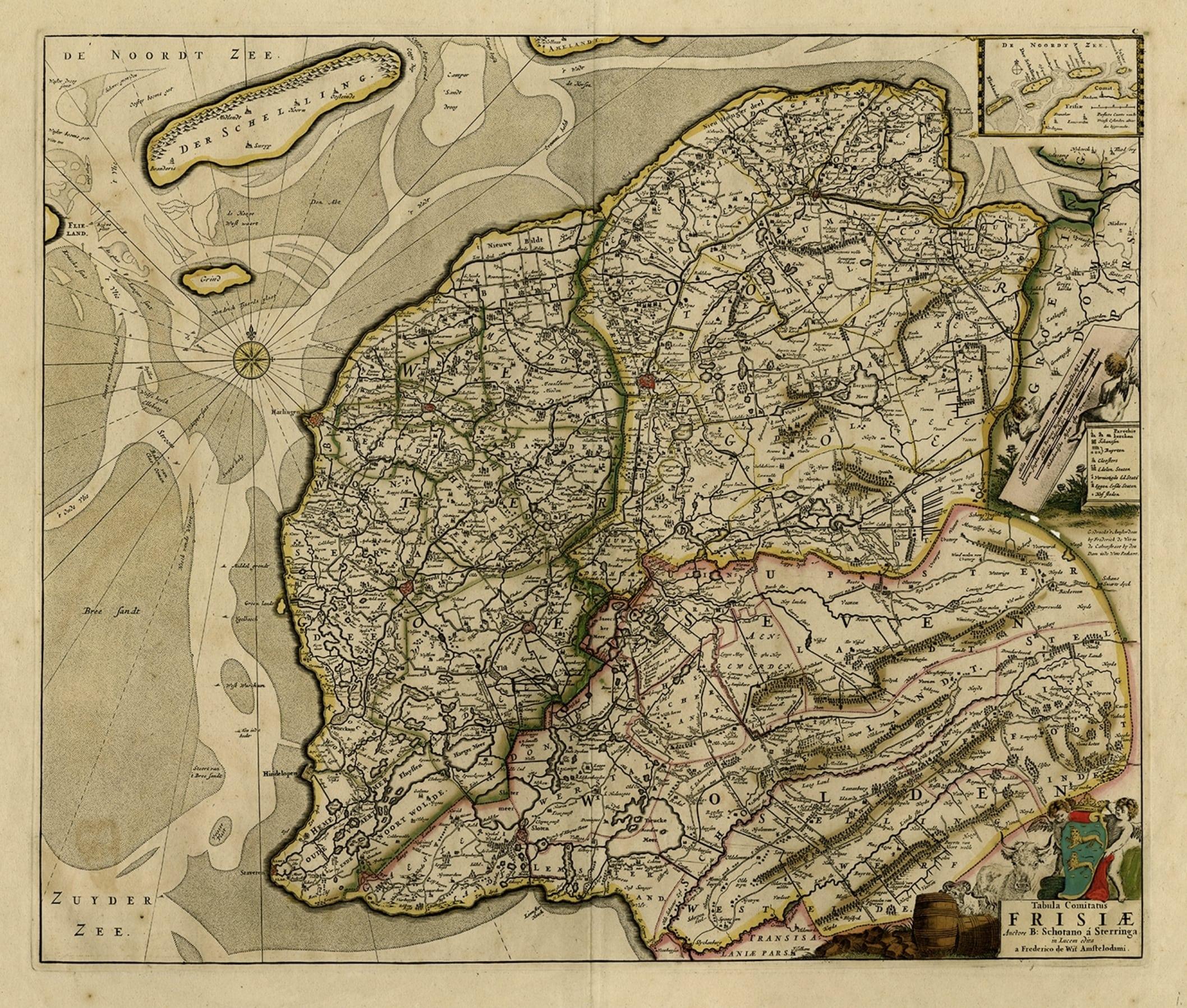 Mappa della Frisia con Terschelling, Vlieland, Ameland En Schiermonnikoog, 1670 ca. In condizioni discrete in vendita a Langweer, NL