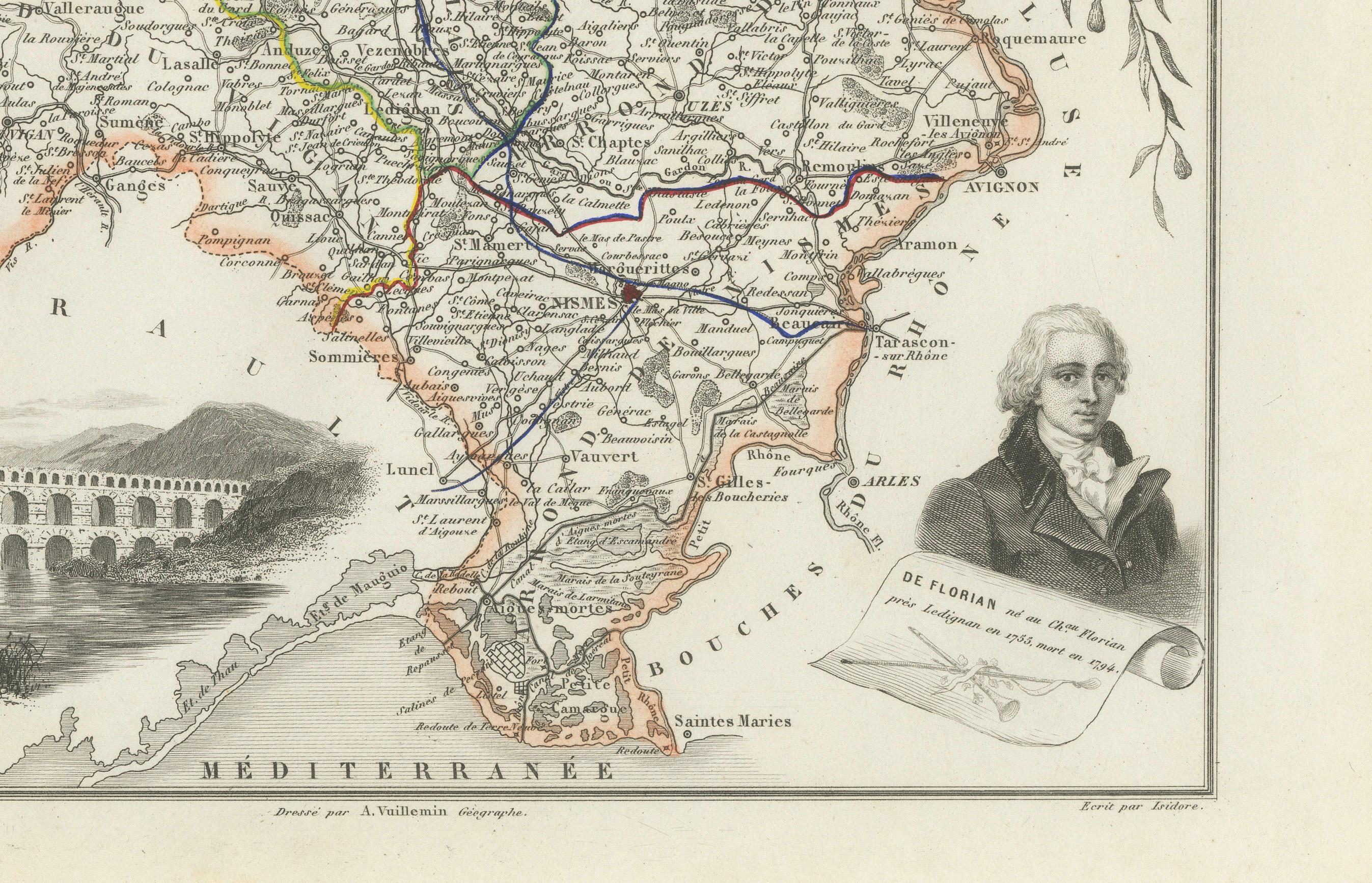 Title: Map of Gard France with Pont du Gard and Wine Regions by Vuillemin, 19th c

Description:
This finely engraved 19th-century map of the department of Gard in southern France was produced by Alexandre Vuillemin and published by Migeon in Paris