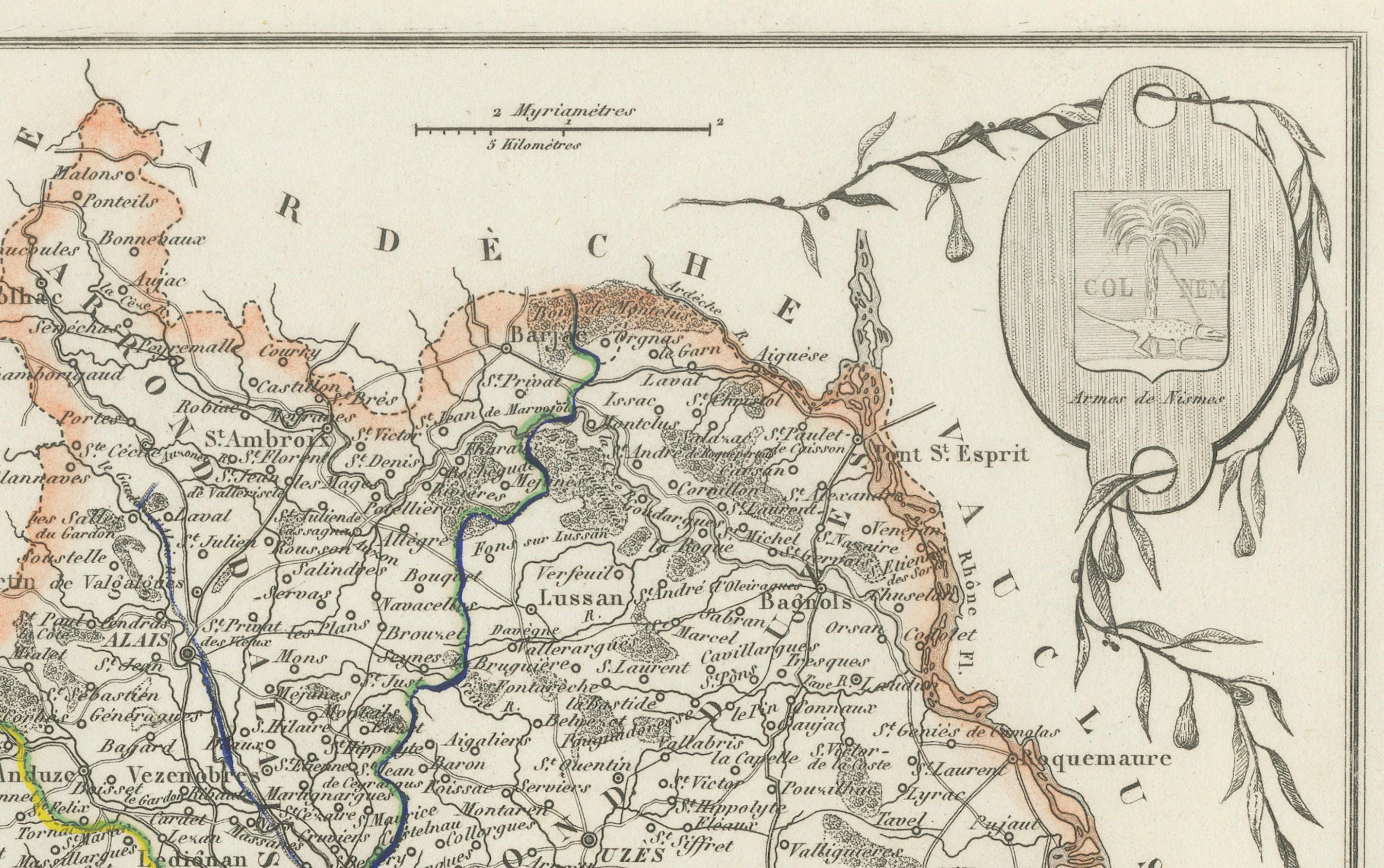 Engraved Map of Gard France with Pont du Gard and Wine Regions by Vuillemin, 19th c For Sale