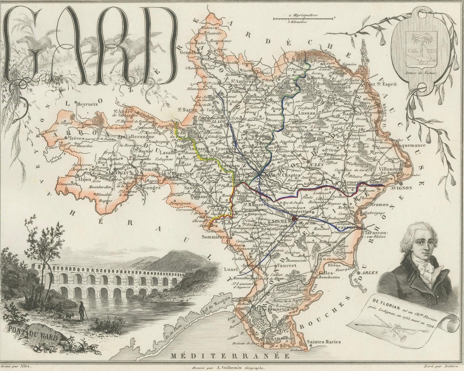 Paper Map of Gard France with Pont du Gard and Wine Regions by Vuillemin, 19th c For Sale