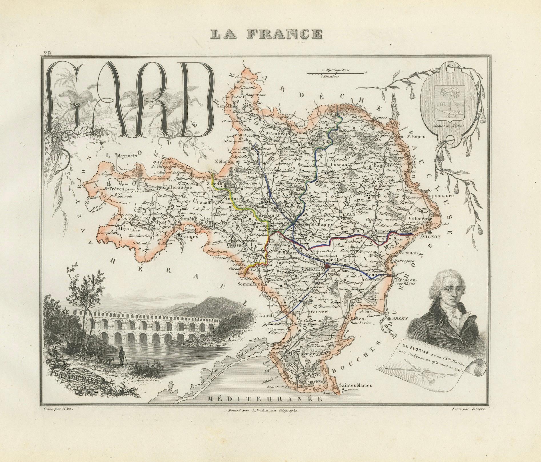 Map of Gard France with Pont du Gard and Wine Regions by Vuillemin, 19th c For Sale 1