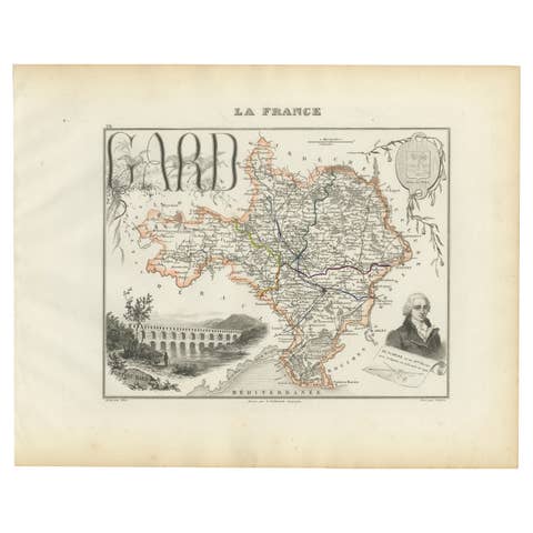 Map of Gard France with Pont du Gard and Wine Regions by Vuillemin, 19th c