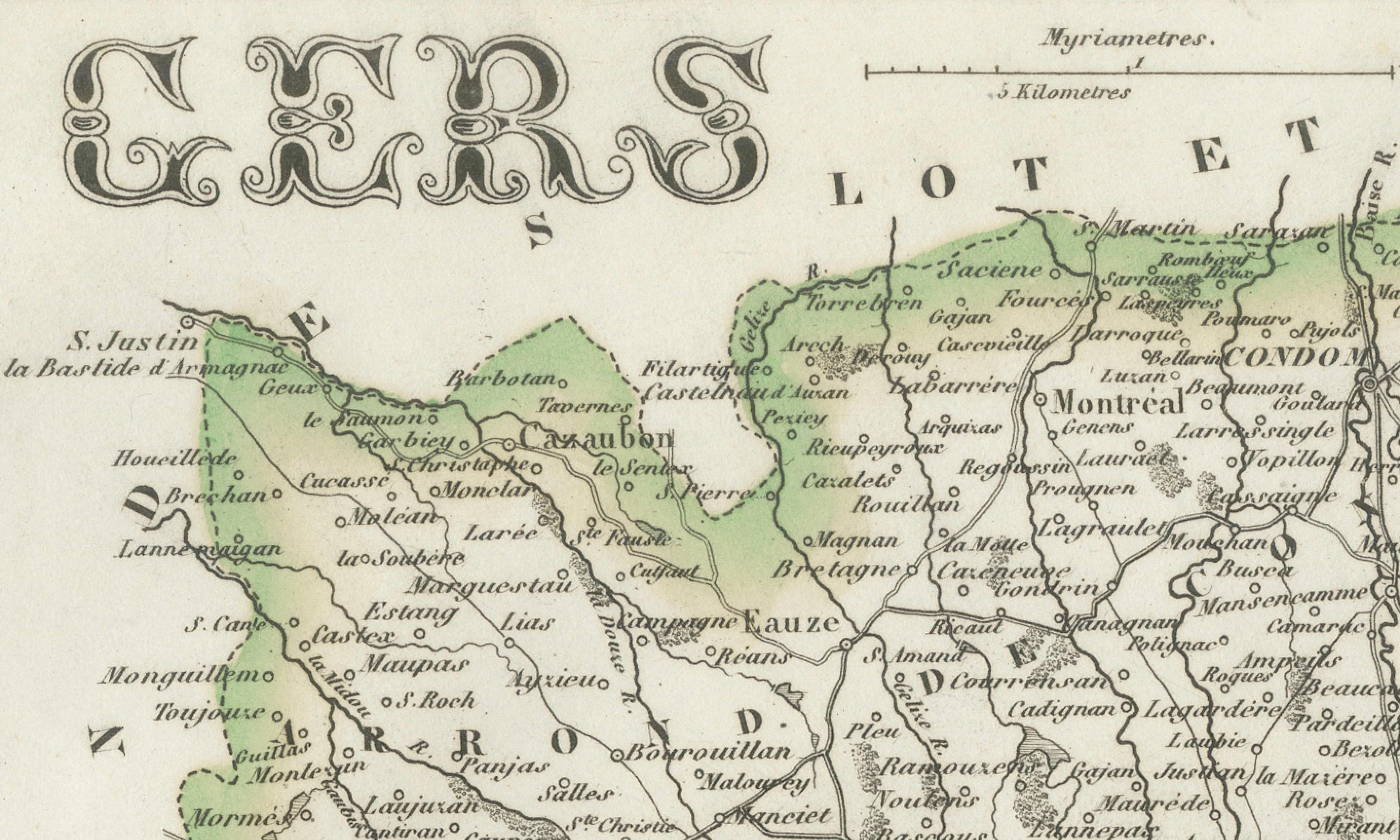 Mapa de Gers, Francia, con Auch y la región vinícola de Armagnac, por Vuillemin, s. XIX

Este mapa grabado y coloreado a mano del siglo XIX del departamento de Gers, en el suroeste de Francia, fue creado por Alexandre Vuillemin y publicado por