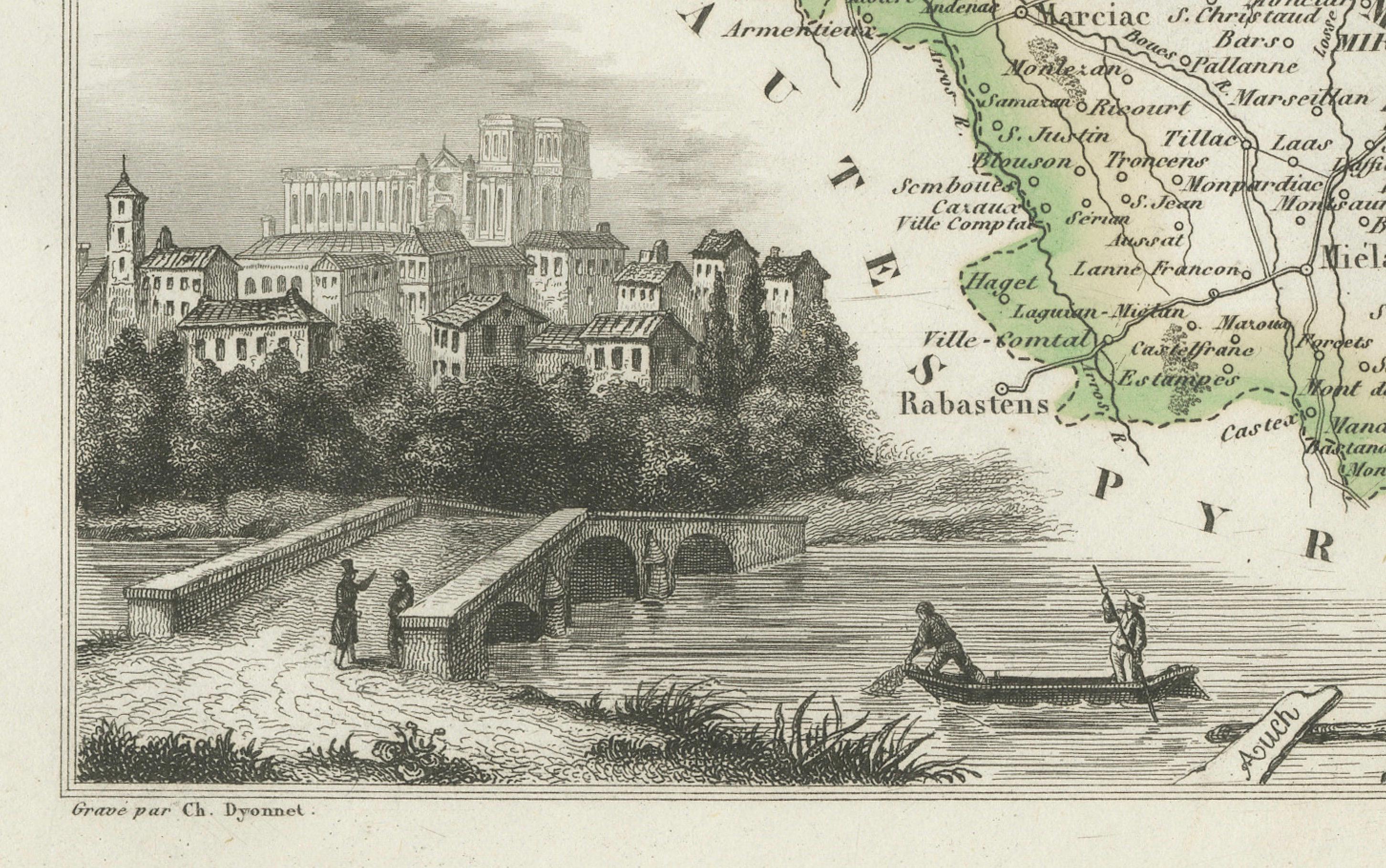 Mapa de Gers, Francia, con Auch y la región vinícola de Armagnac, por Vuillemin, s. XIX Grabado en venta