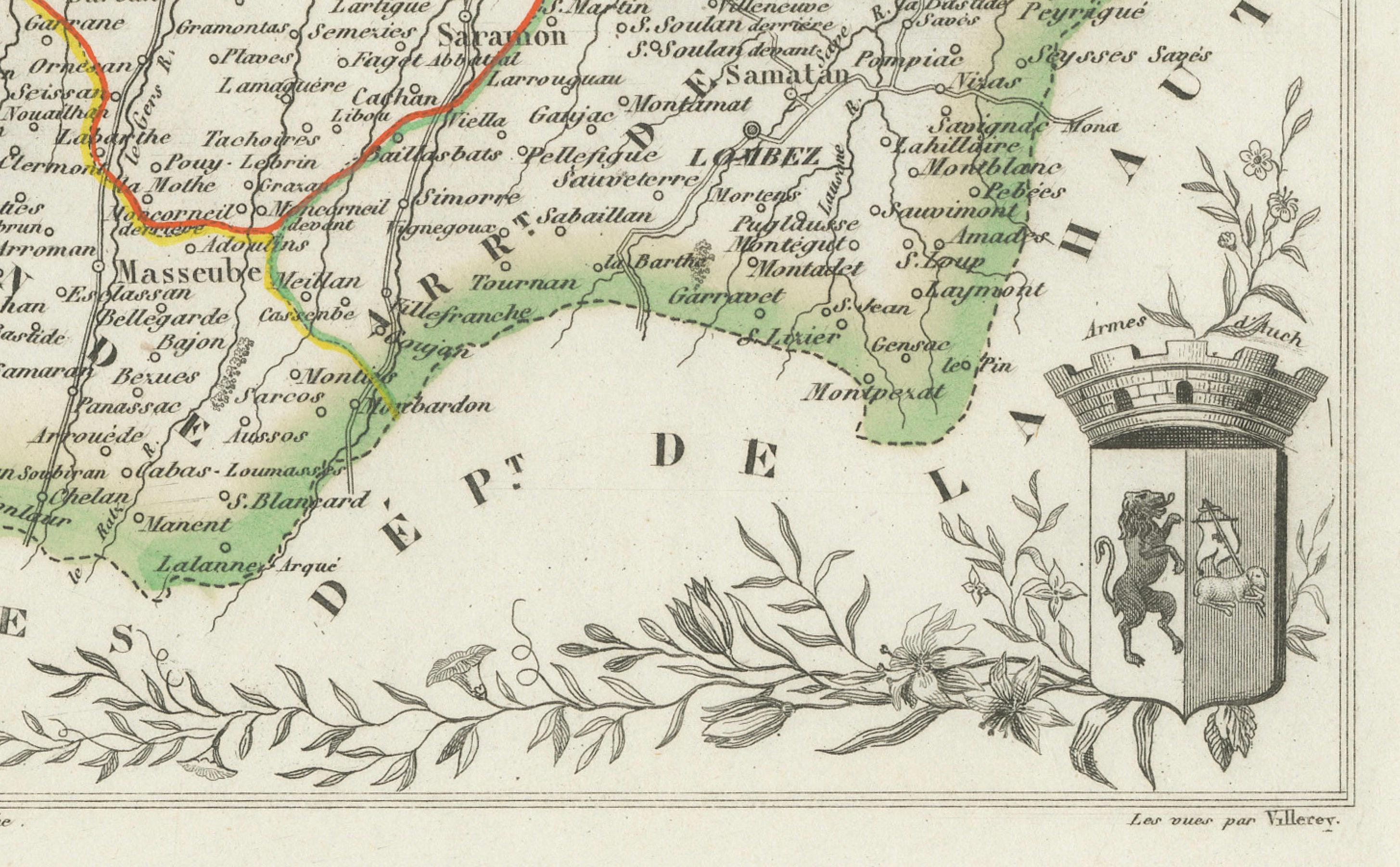 Mapa de Gers, Francia, con Auch y la región vinícola de Armagnac, por Vuillemin, s. XIX en Bueno estado para la venta en Langweer, NL