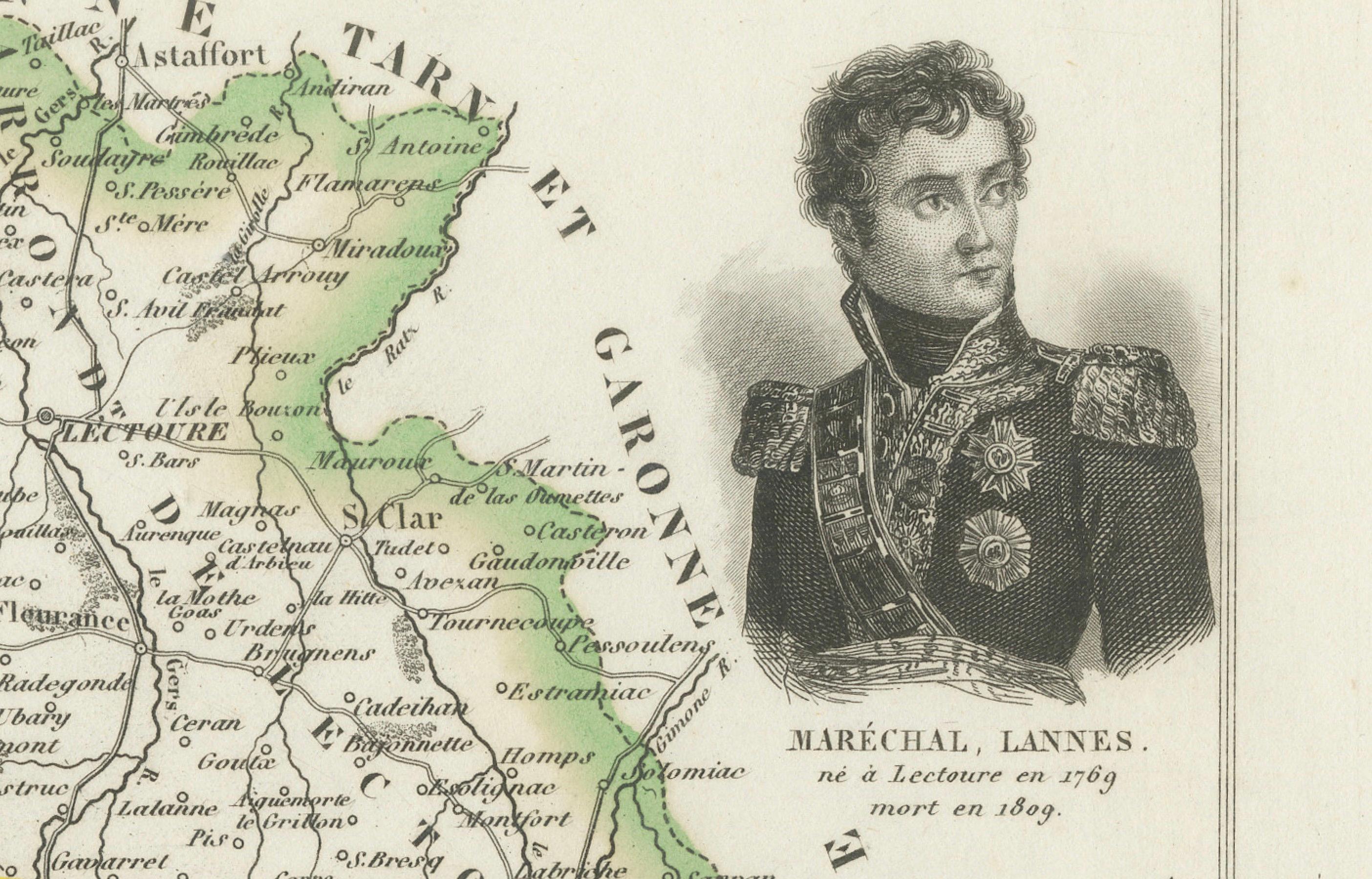 Mapa de Gers, Francia, con Auch y la región vinícola de Armagnac, por Vuillemin, s. XIX siglo XIX en venta