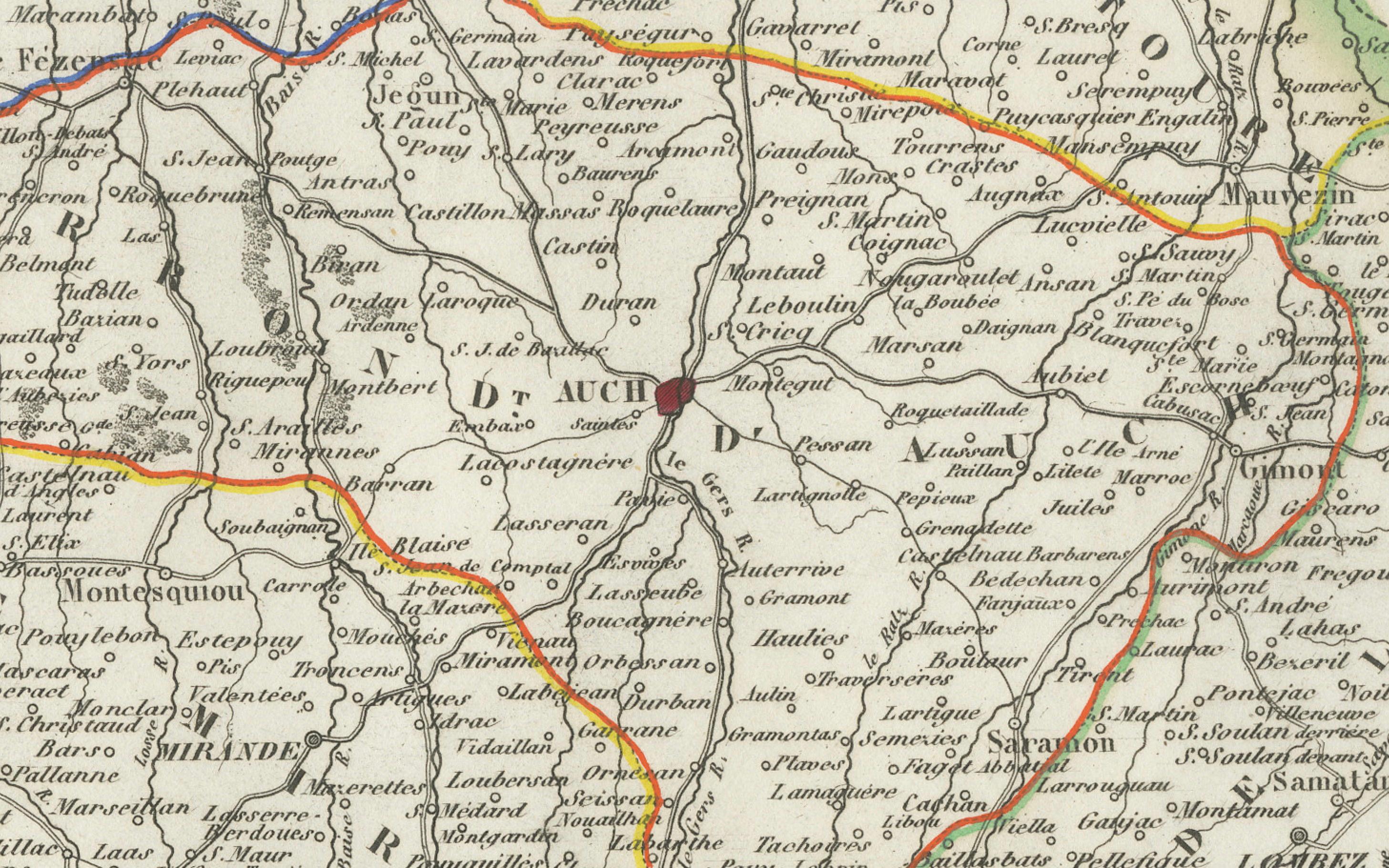 Mapa de Gers, Francia, con Auch y la región vinícola de Armagnac, por Vuillemin, s. XIX Papel en venta