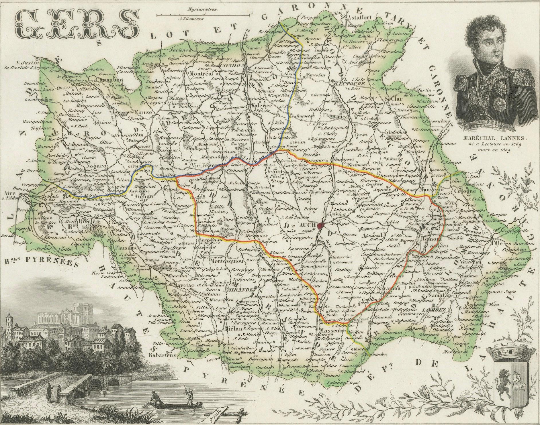 Mapa de Gers, Francia, con Auch y la región vinícola de Armagnac, por Vuillemin, s. XIX en venta 1