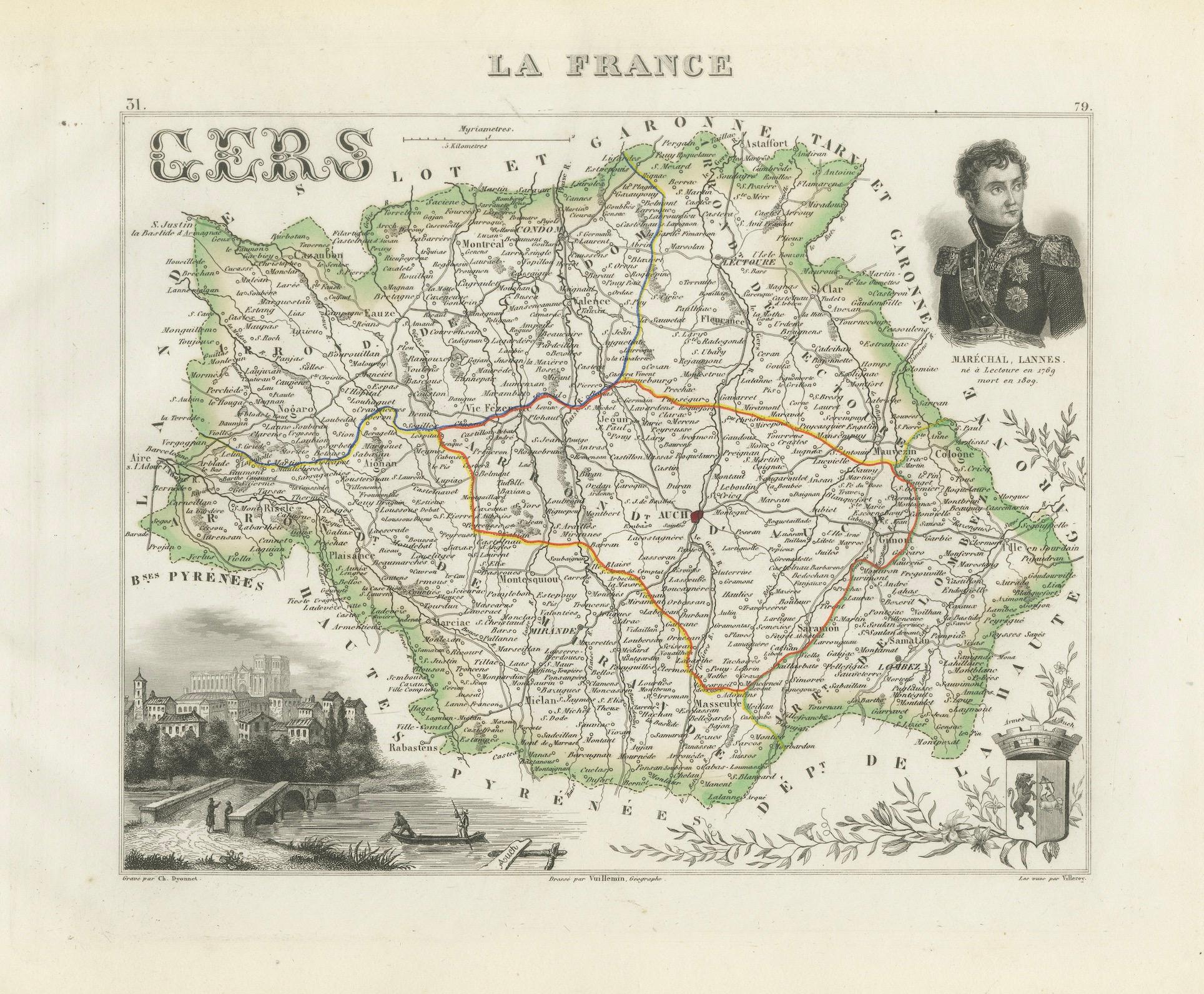 Mapa de Gers, Francia, con Auch y la región vinícola de Armagnac, por Vuillemin, s. XIX en venta 2