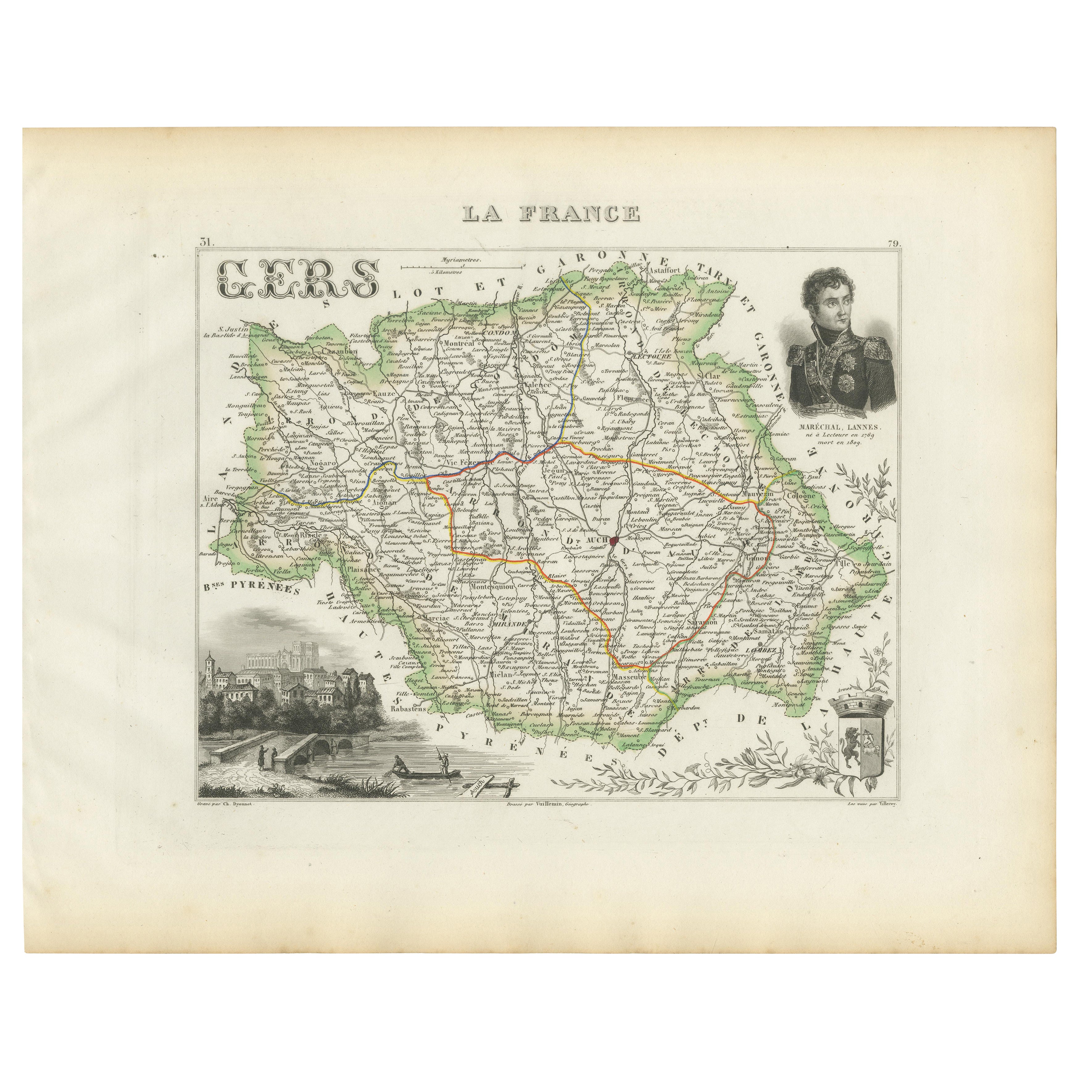 Map of Gers France with Auch and Armagnac Wine Region by Vuillemin, 19th c