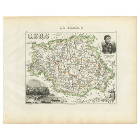 Map of Gers France with Auch and Armagnac Wine Region by Vuillemin, 19th c