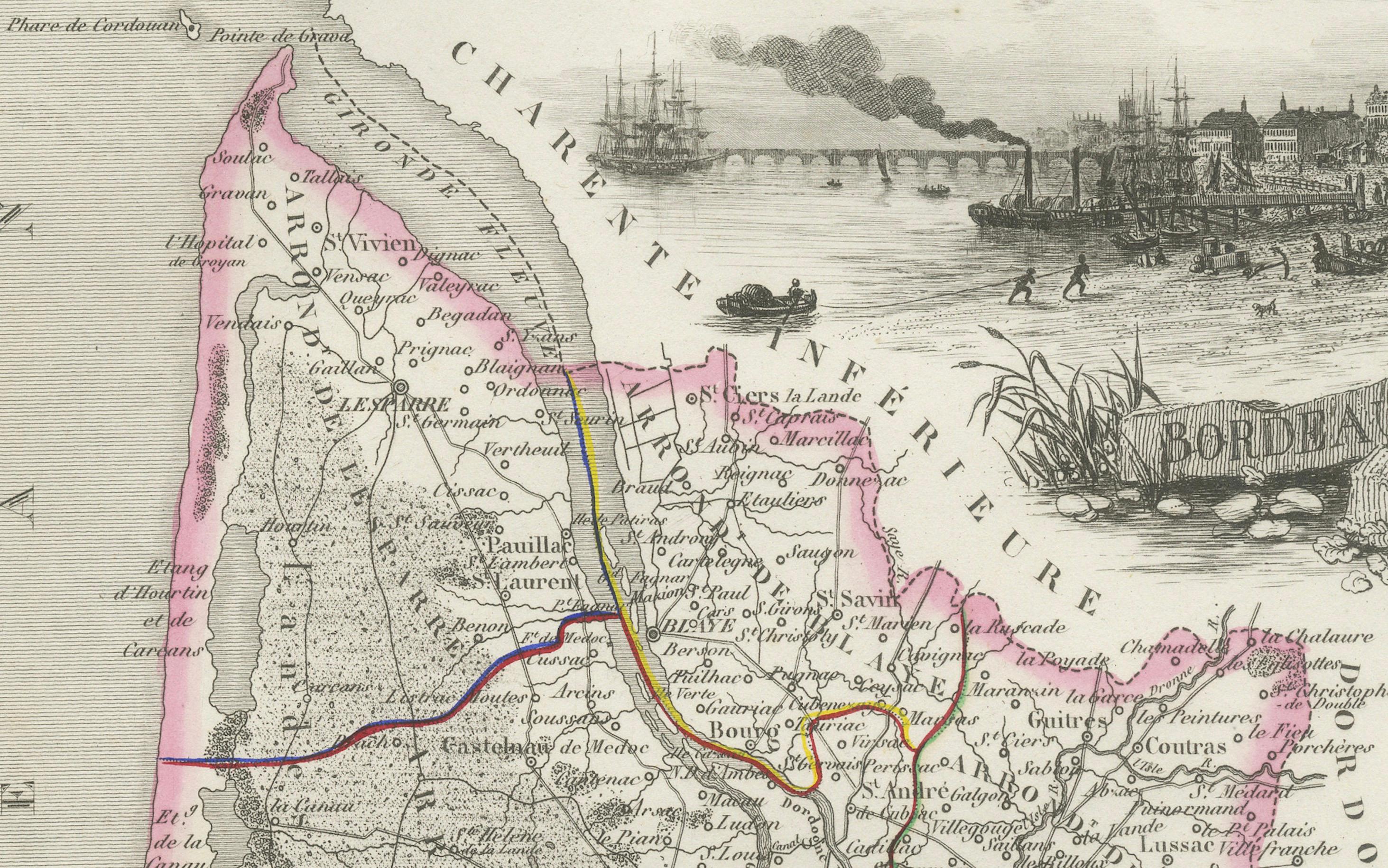 Mappa della Gironda in Francia con la regione vinicola di Bordeaux di Vuillemin, XIX sec.

Questa splendida mappa del XIX secolo della Gironda, in Francia, fa parte del Nouvel Atlas Illustré di Alexandre Vuillemin, pubblicato a Parigi da Migeon.