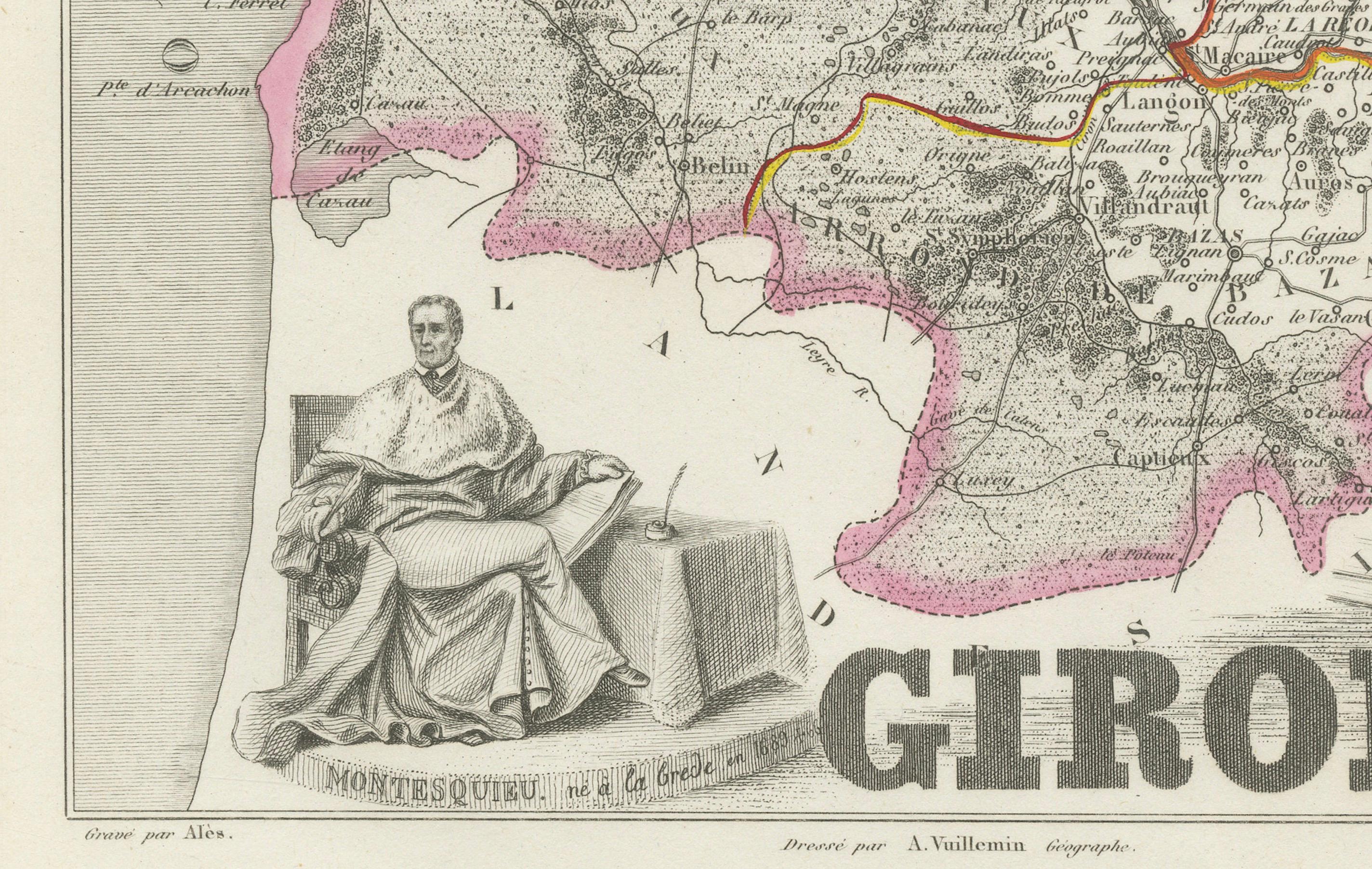 Francese Mappa della Gironda in Francia con la regione vinicola di Bordeaux di Vuillemin, XIX sec. in vendita