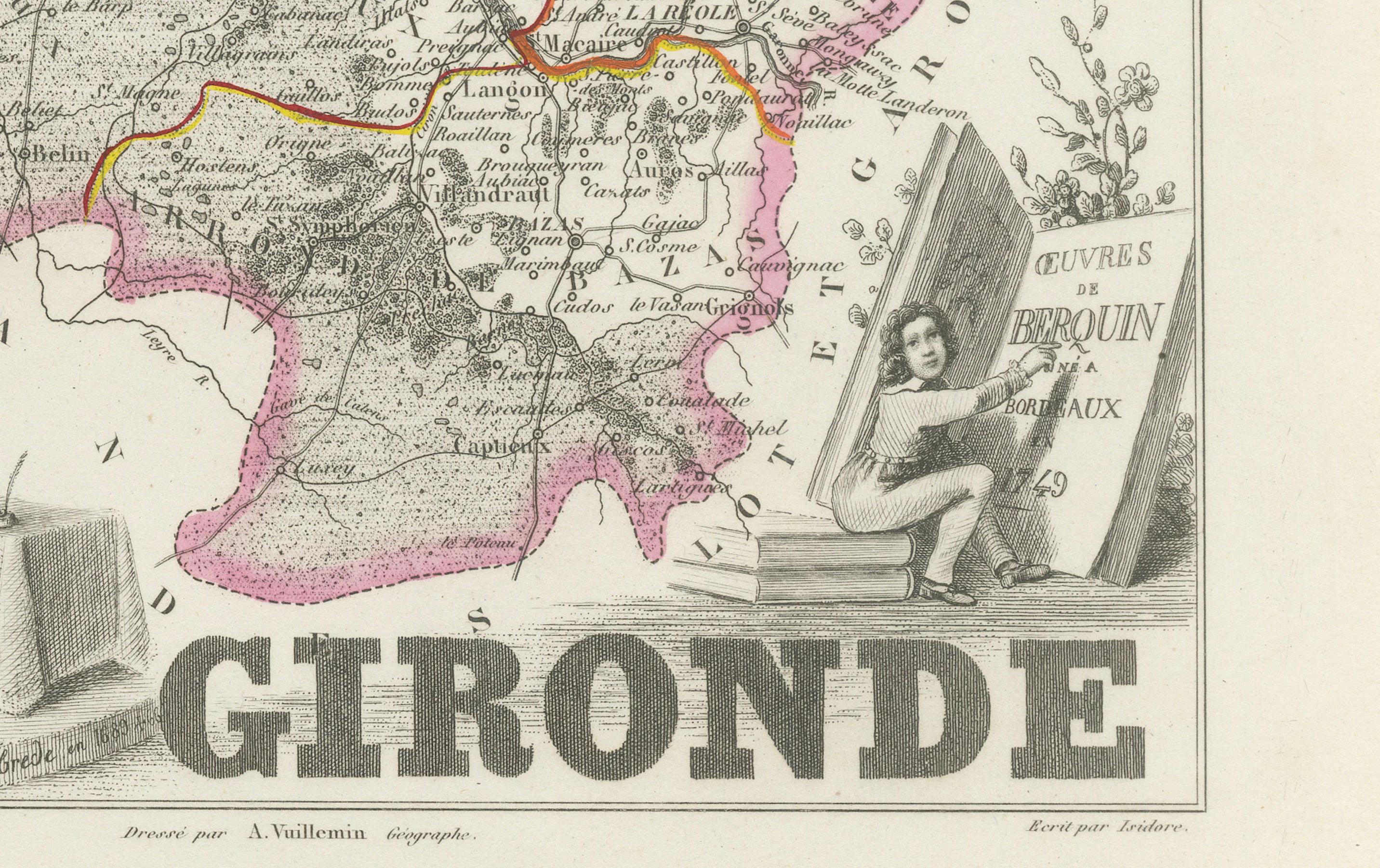 Inciso Mappa della Gironda in Francia con la regione vinicola di Bordeaux di Vuillemin, XIX sec. in vendita