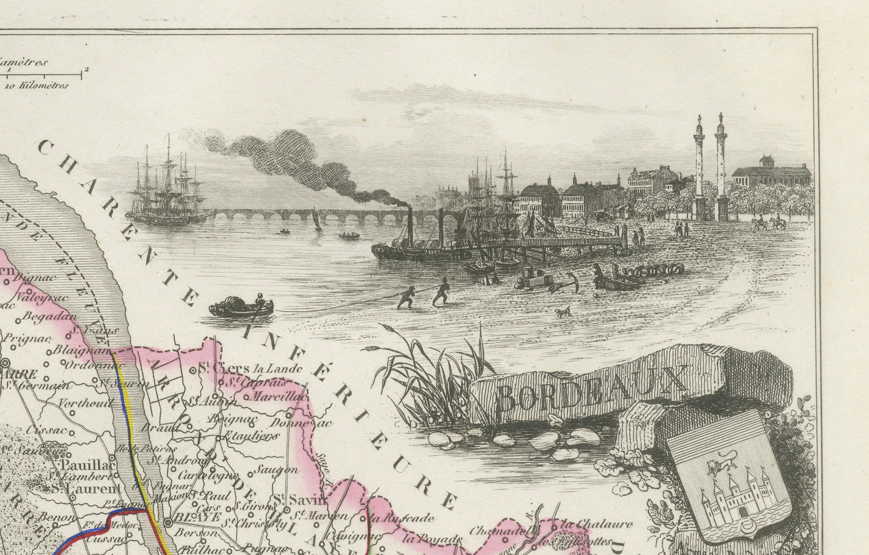 Mappa della Gironda in Francia con la regione vinicola di Bordeaux di Vuillemin, XIX sec. In condizioni buone in vendita a Langweer, NL