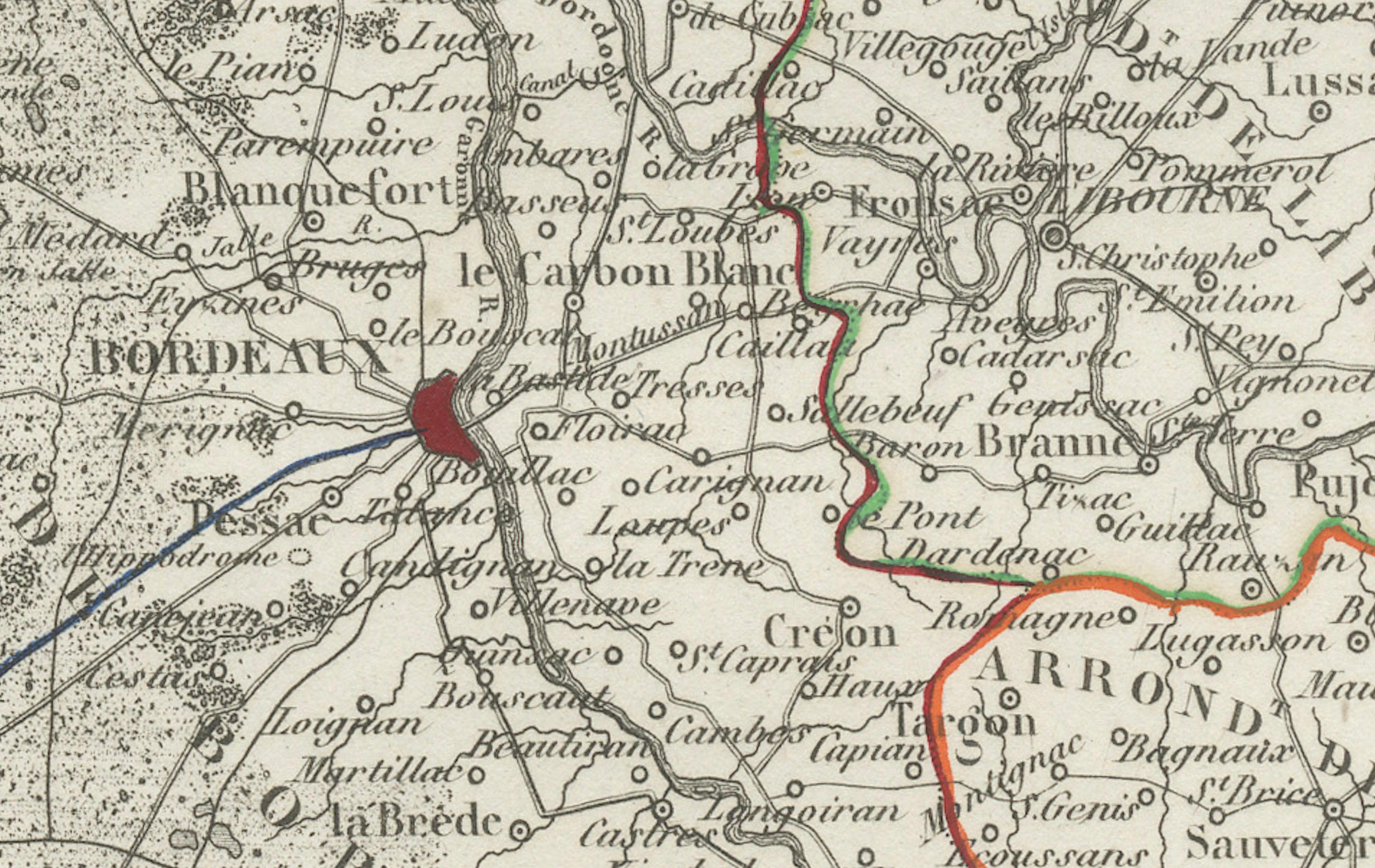 XIX secolo Mappa della Gironda in Francia con la regione vinicola di Bordeaux di Vuillemin, XIX sec. in vendita