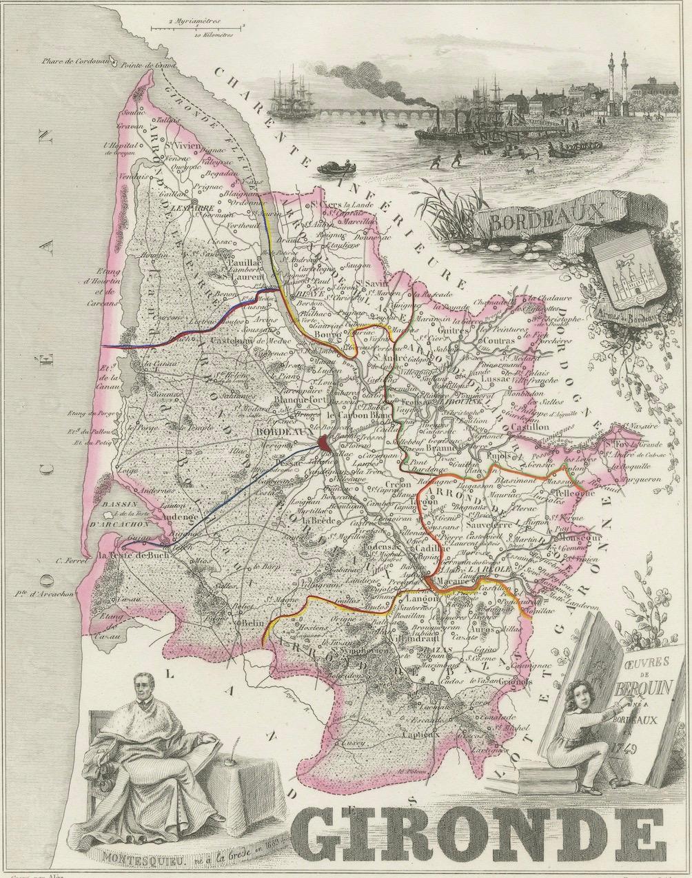 Carta Mappa della Gironda in Francia con la regione vinicola di Bordeaux di Vuillemin, XIX sec. in vendita