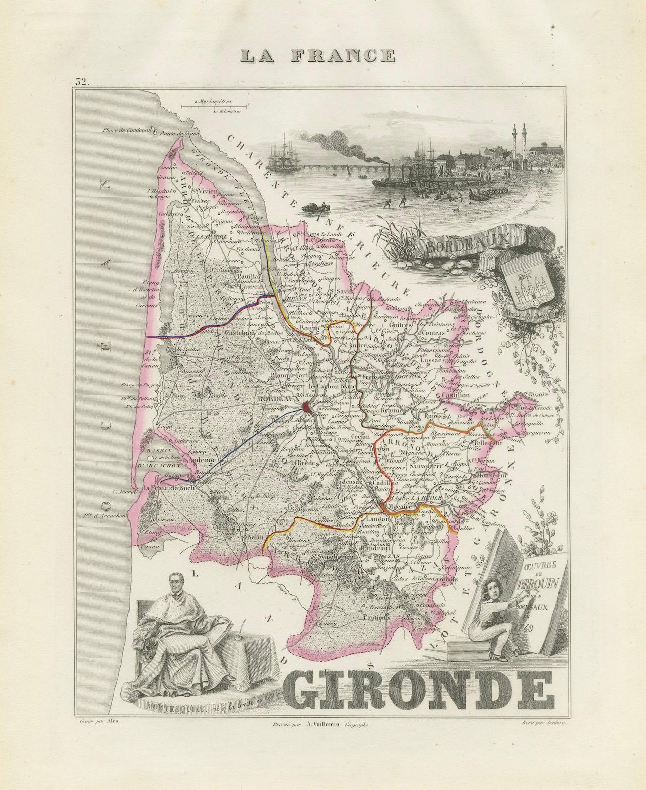 Mappa della Gironda in Francia con la regione vinicola di Bordeaux di Vuillemin, XIX sec. in vendita 1