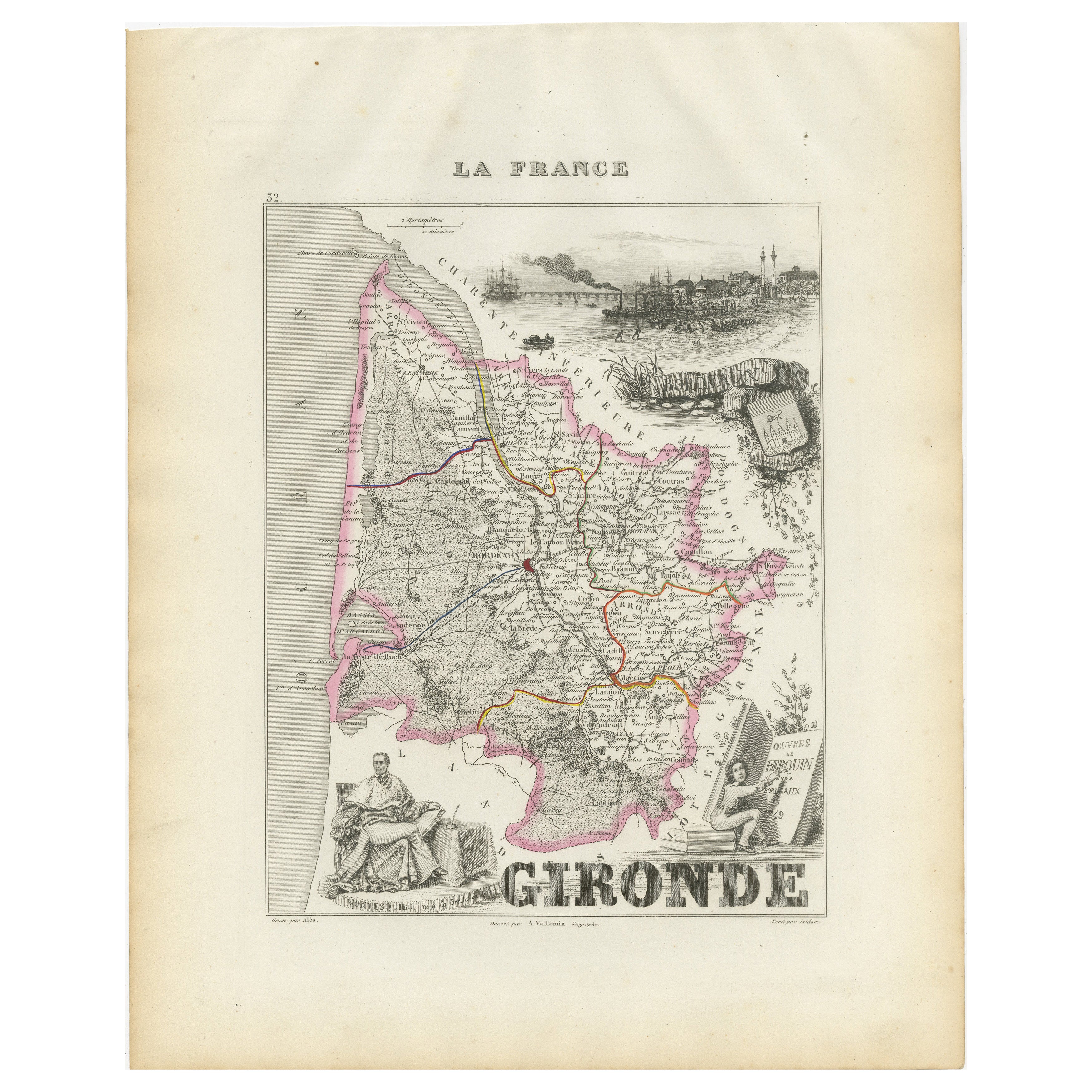 Karte von Gironde Frankreich mit der Weinregion Bordeaux von Vuillemin, 19.
